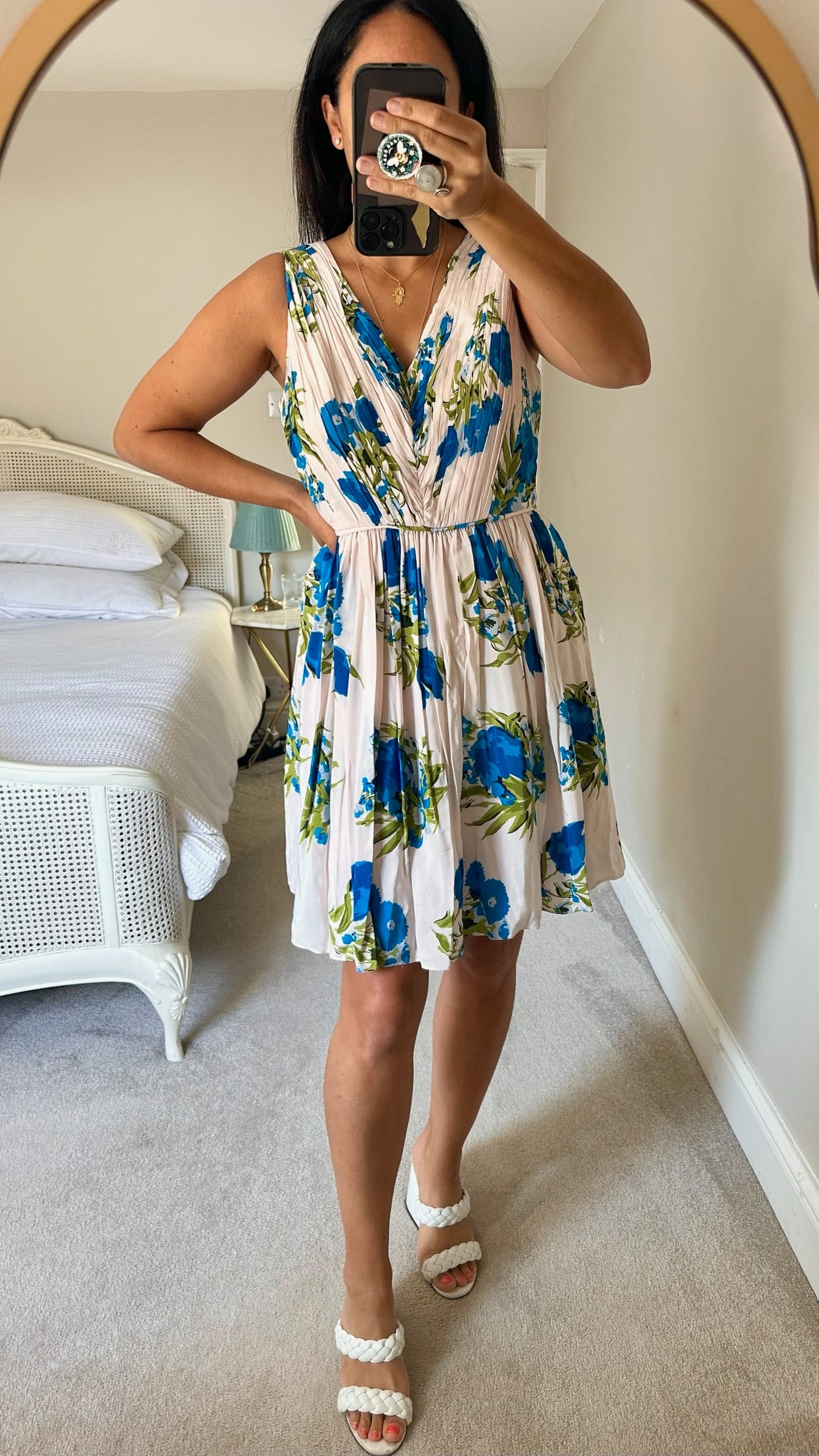 Boden cream blue wedding guest dress large UK 14 vgc