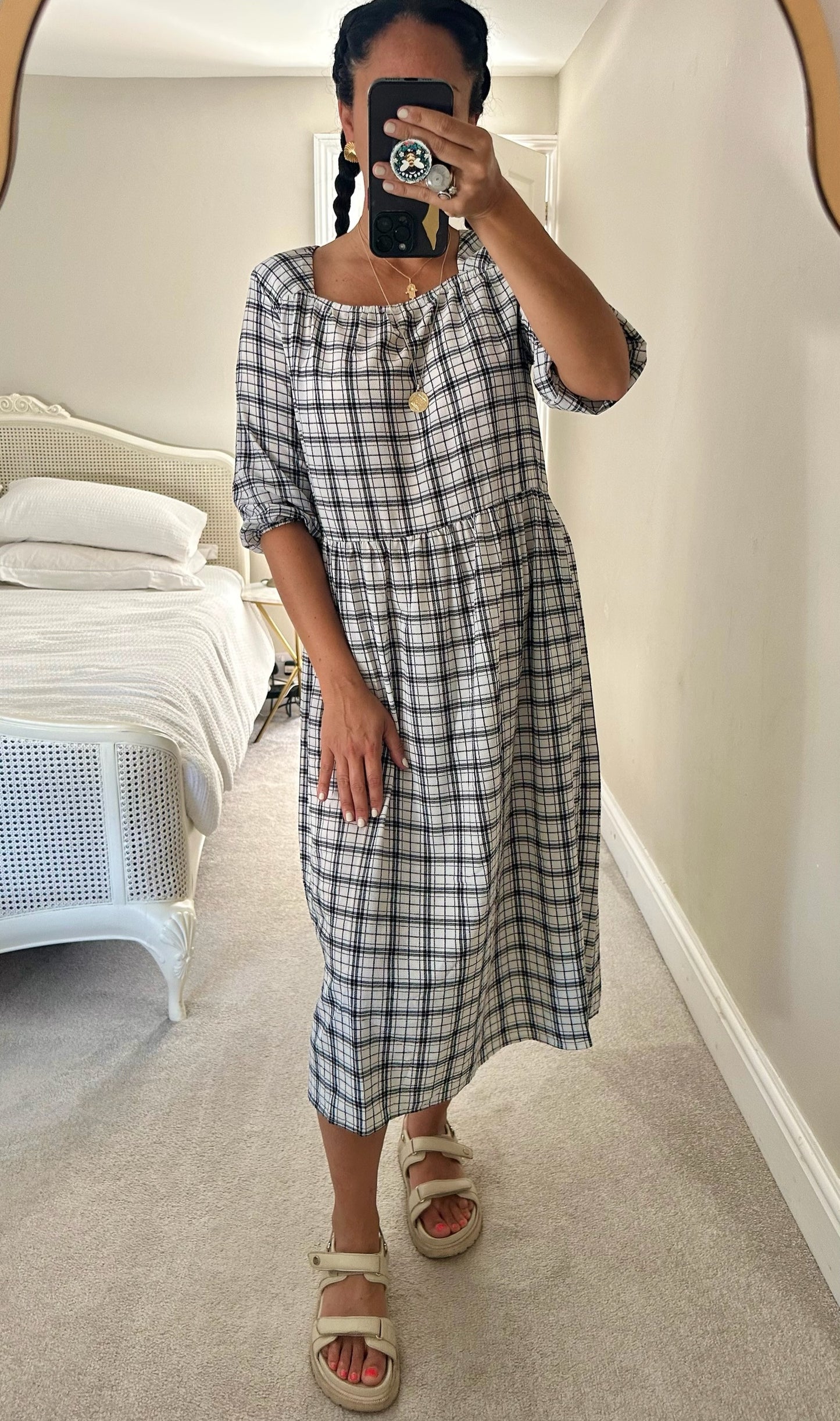 Nobody’s child white black check gingham midi dress large UK 12 vgc