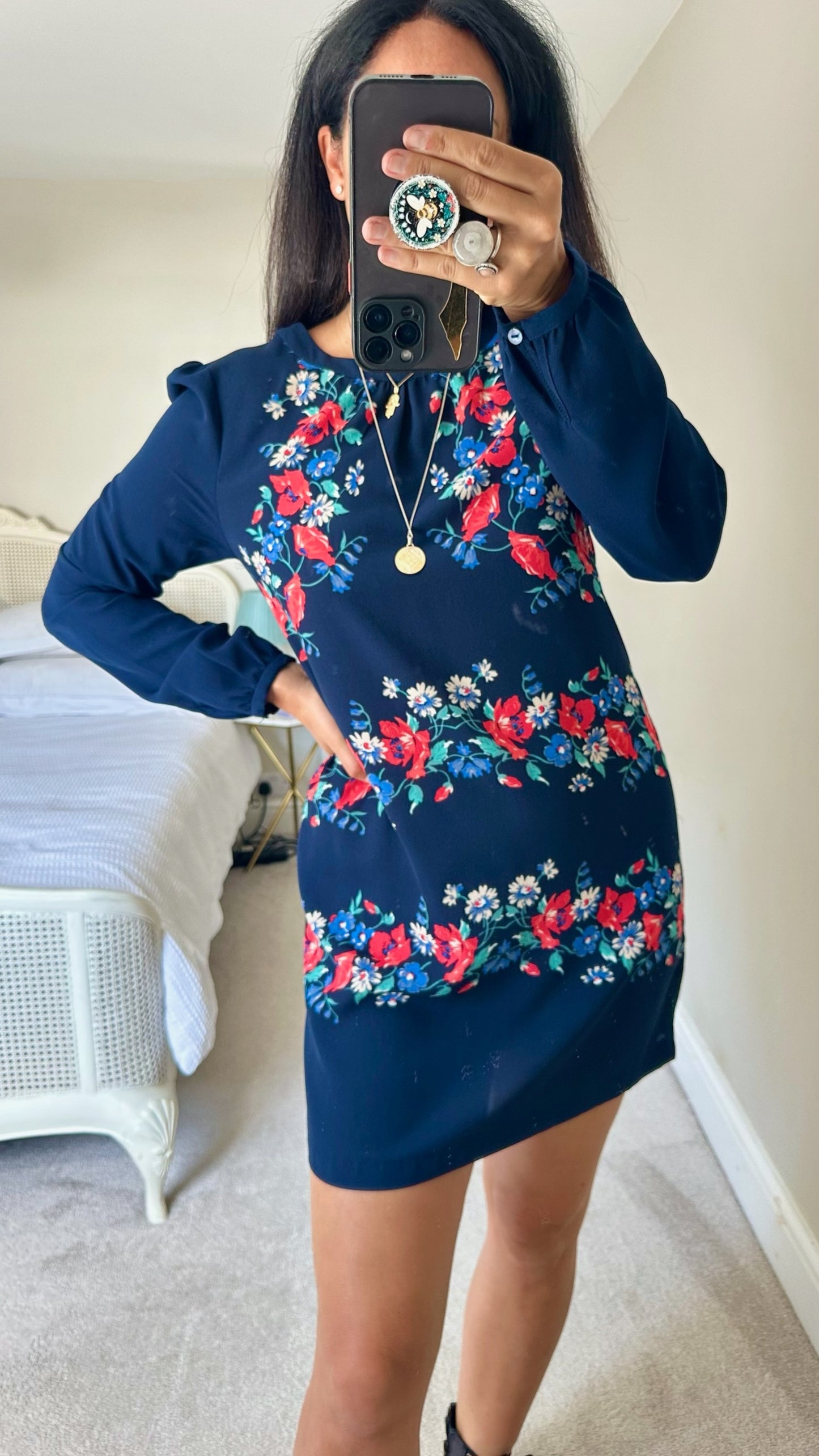 Warehouse navy blue red floral mini dress large UK 12 vgc w25