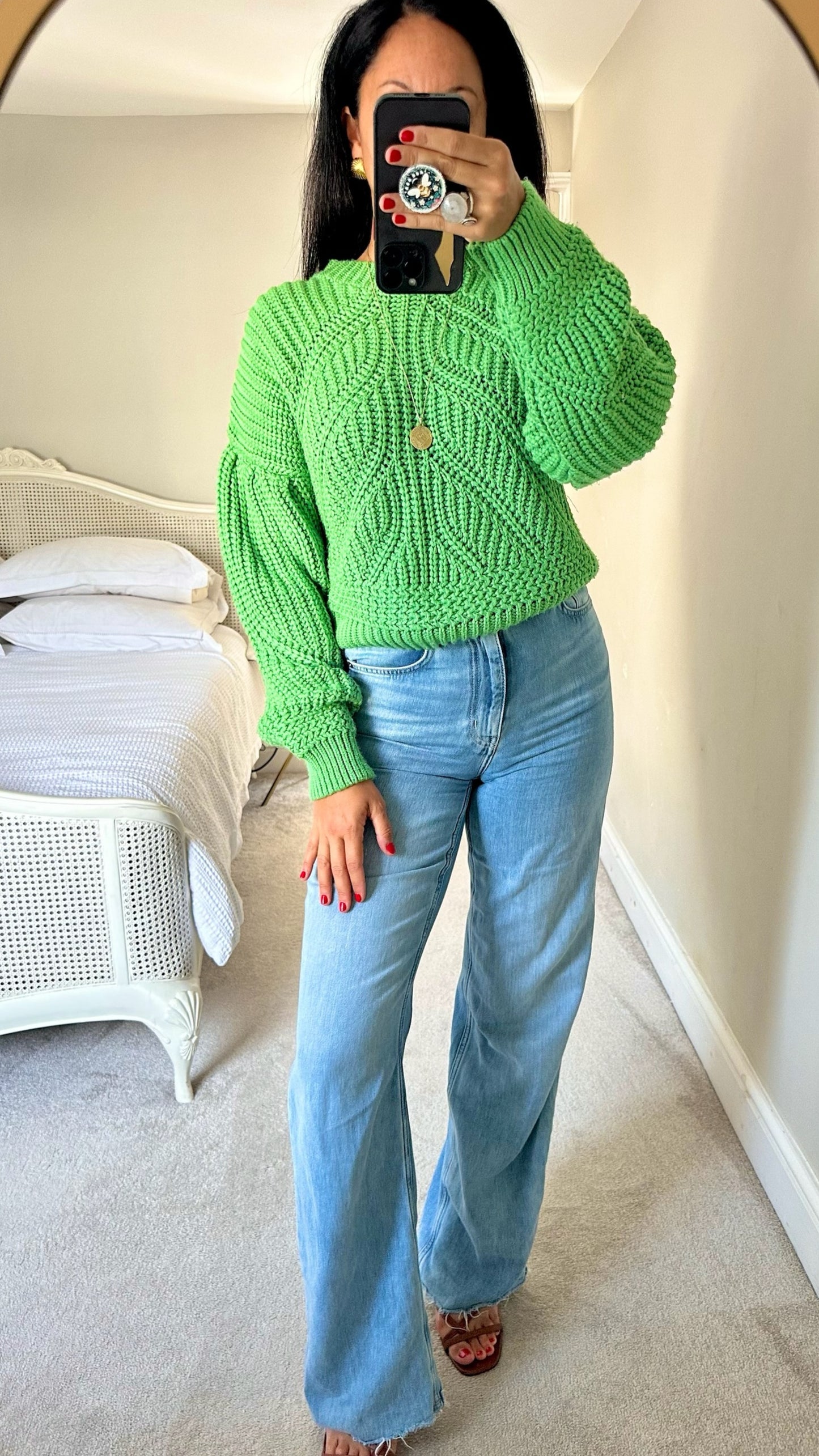 Topshop pea green chunky knit jumper small UK 8-10 vgc w25