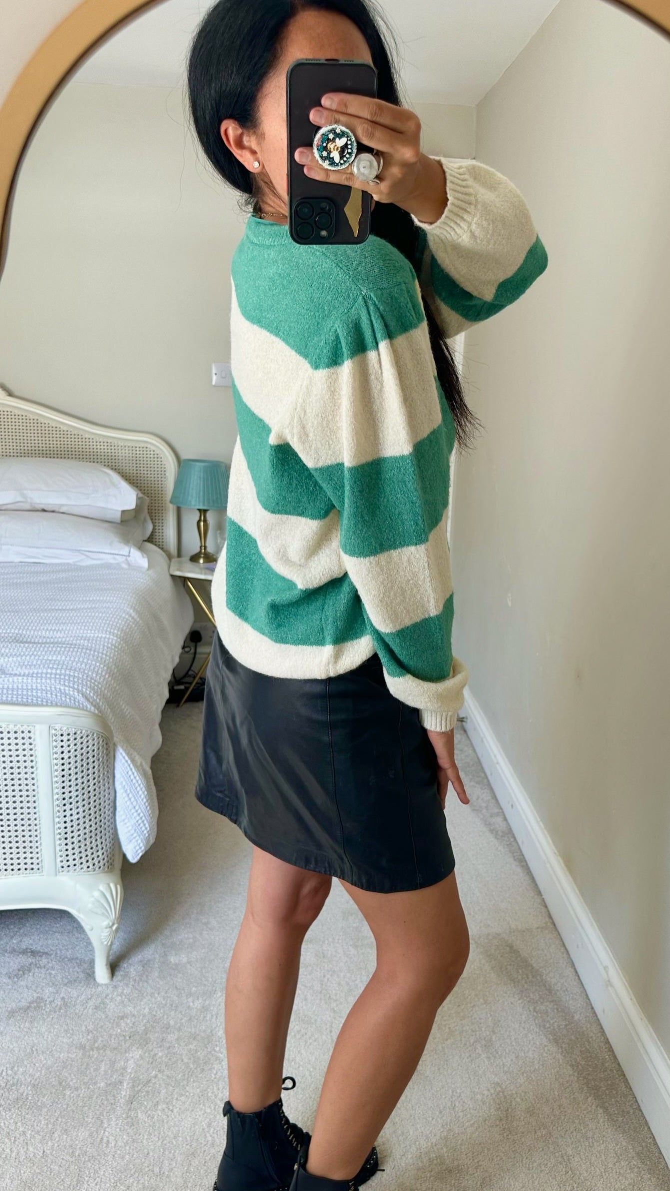 ICHI emerald green cream stripe knitted jumper extra large UK 14 vgc w25