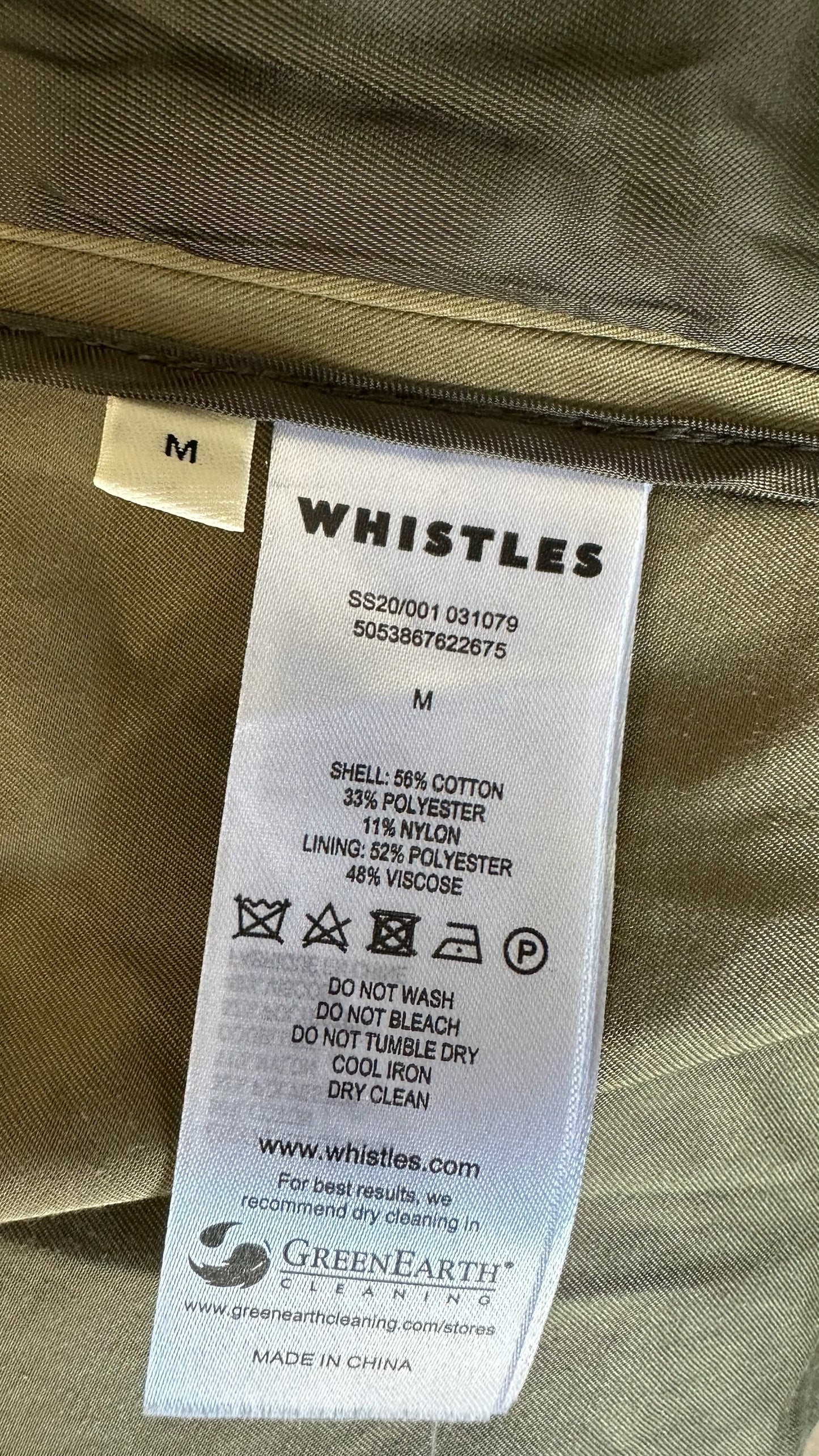Whistles khaki green trench coat mac jacket large UK 12 vgc w25