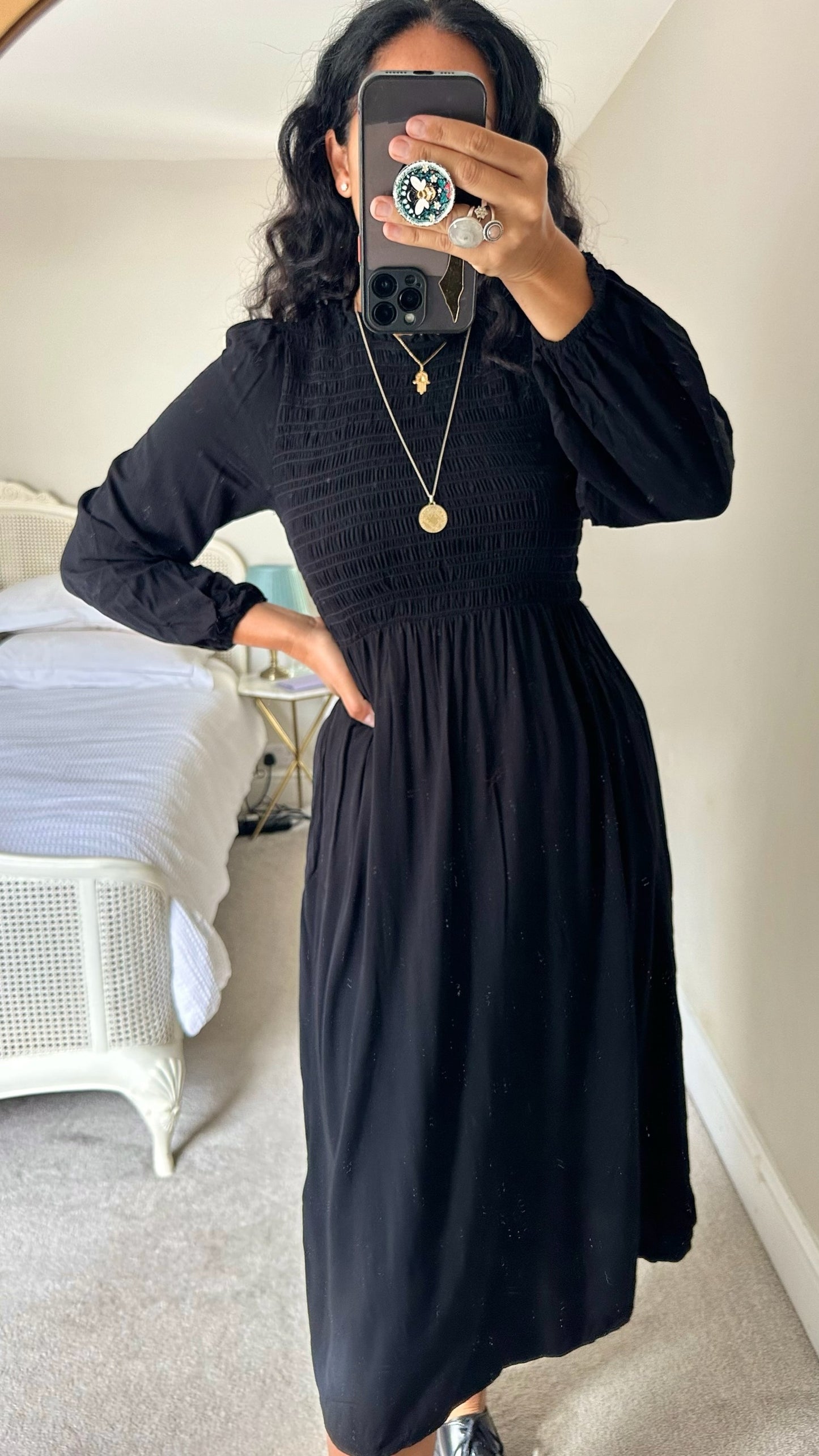 Never fully dressed black shirred bust dress long large UK 12 vgc w25