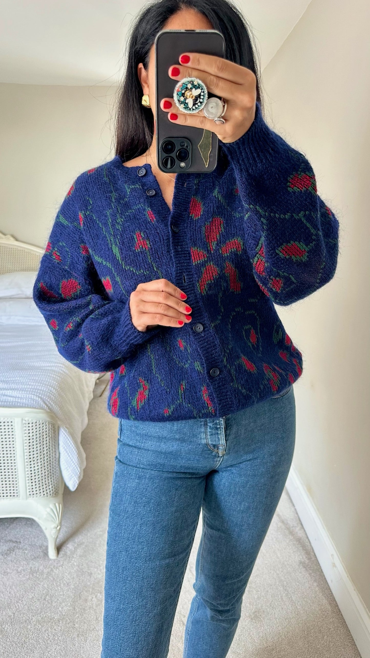 M&S st michael's vintage mohair blend navy blue red cardigan jumper large UK 12-14 vgc w25