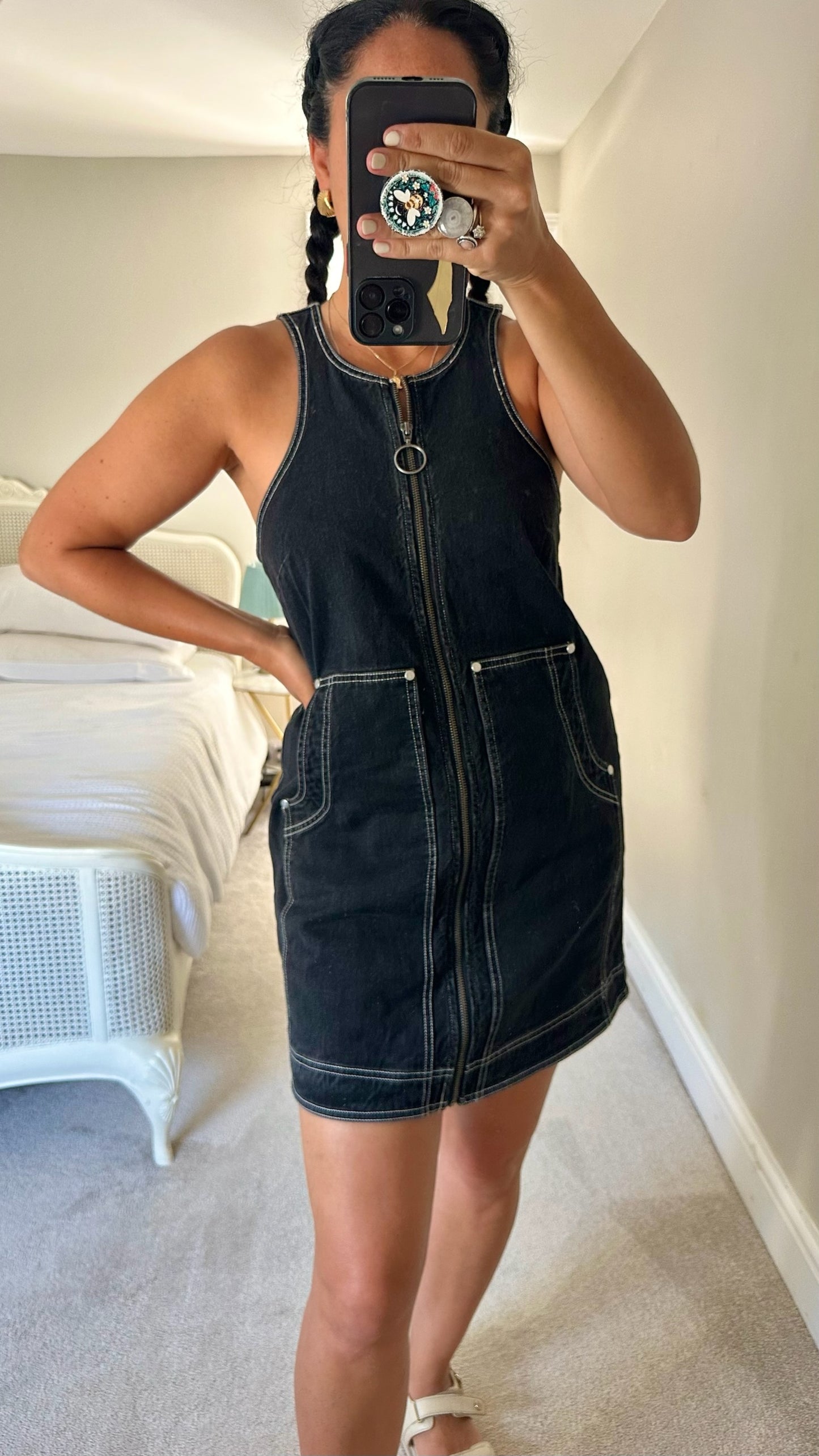Pilcro @ Anthropologie black denim zip front mini dress medium UK 10 vgc