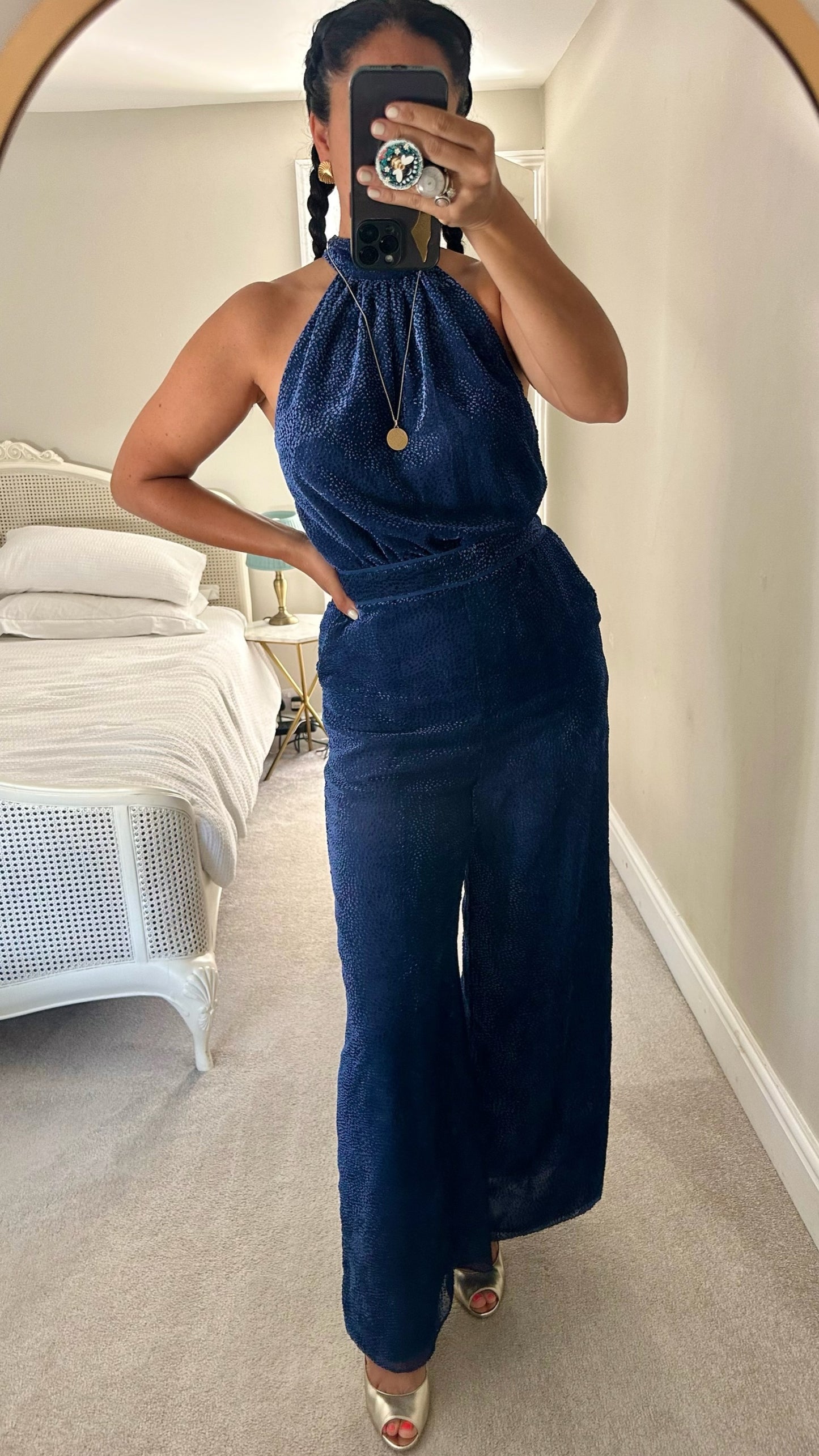Elevenses royal velvet blue polka dot halter neck backless event jumpsuit medium UK 10 vgc