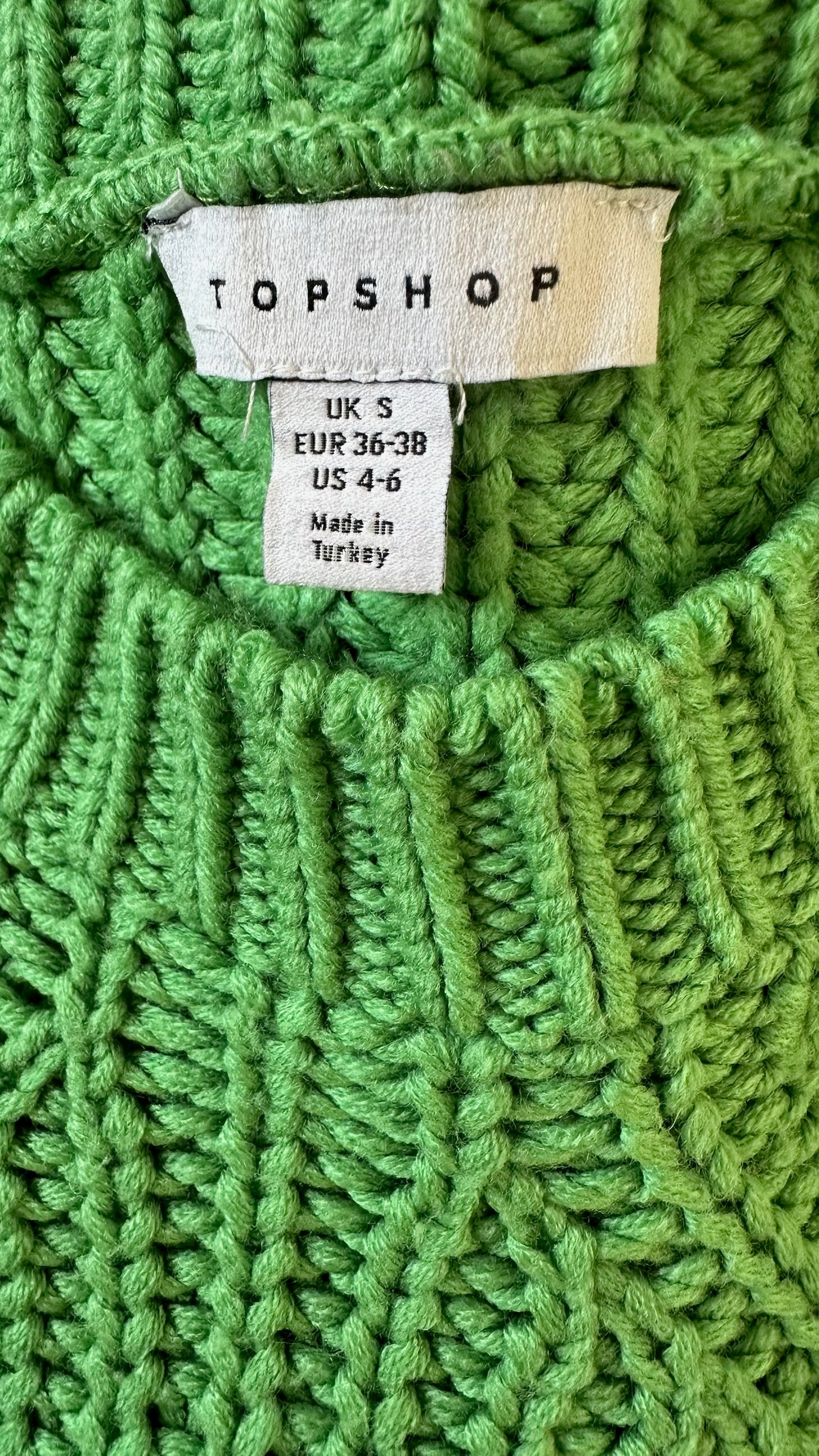 Topshop pea green chunky knit jumper small UK 8-10 vgc w25