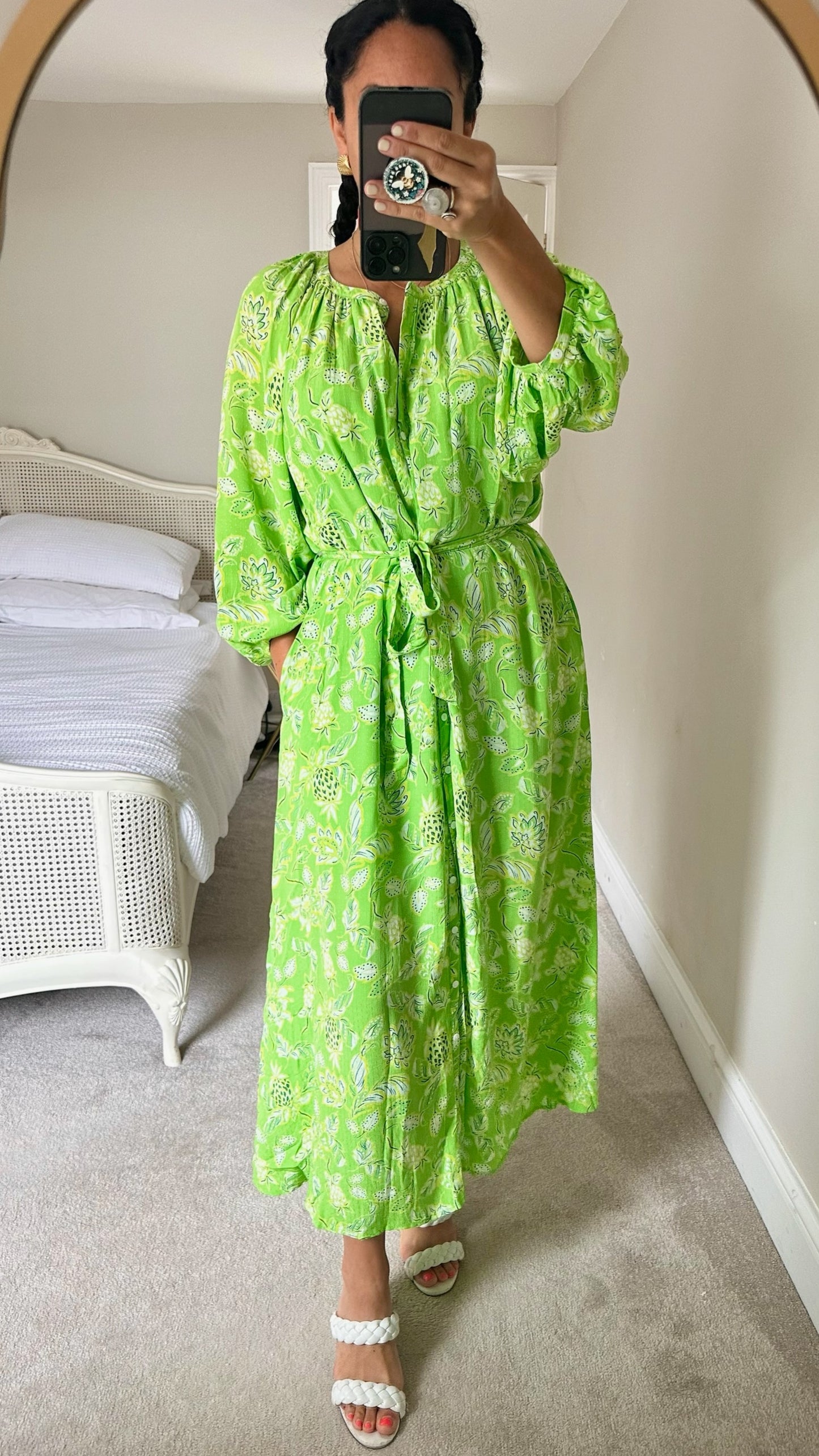 Oliver Bonas bright green boho maxi shirt dress large UK 12 vgc