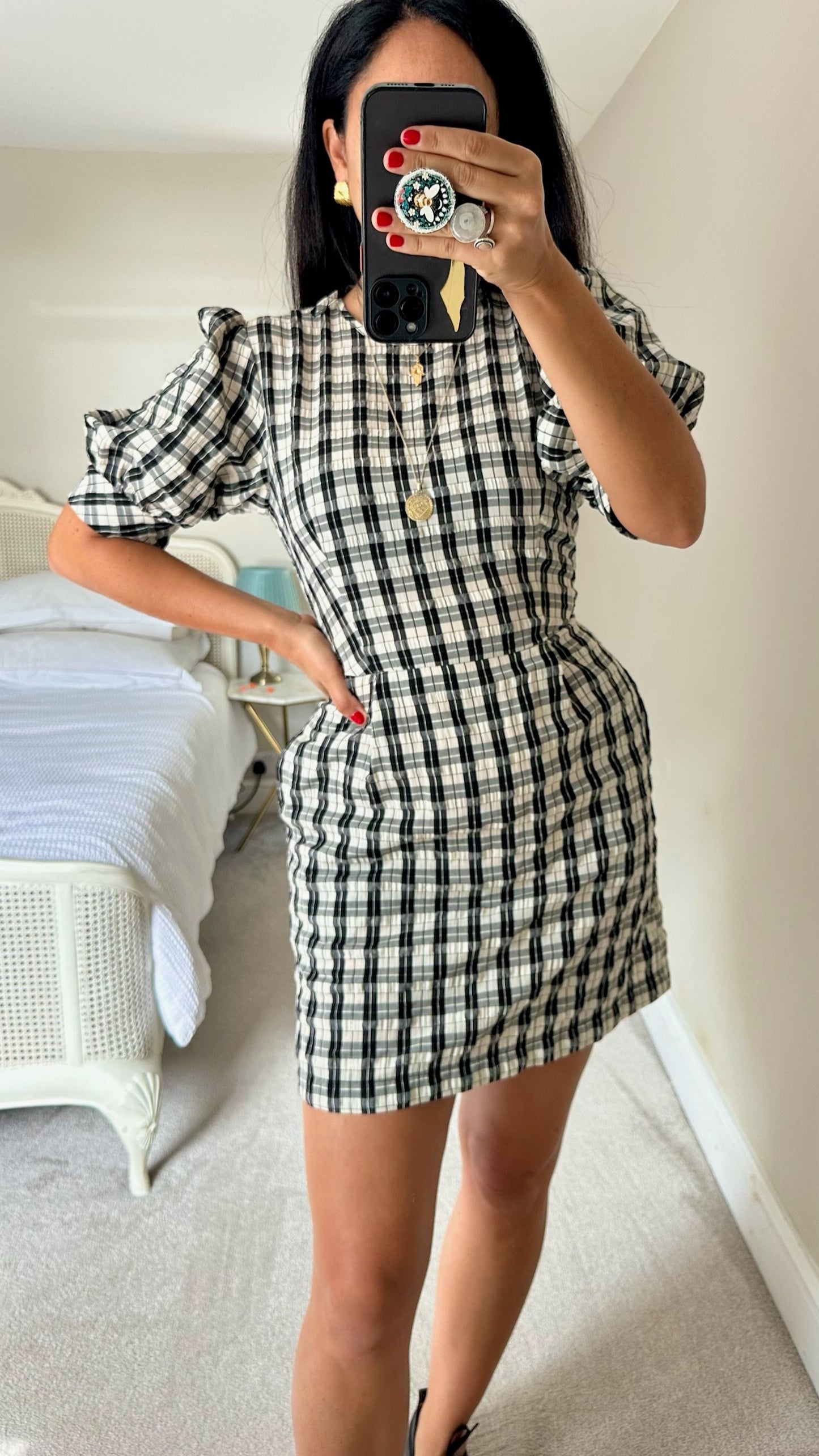 Nobody's child black beige cream check gingham mini dress small UK 8 vgc w25