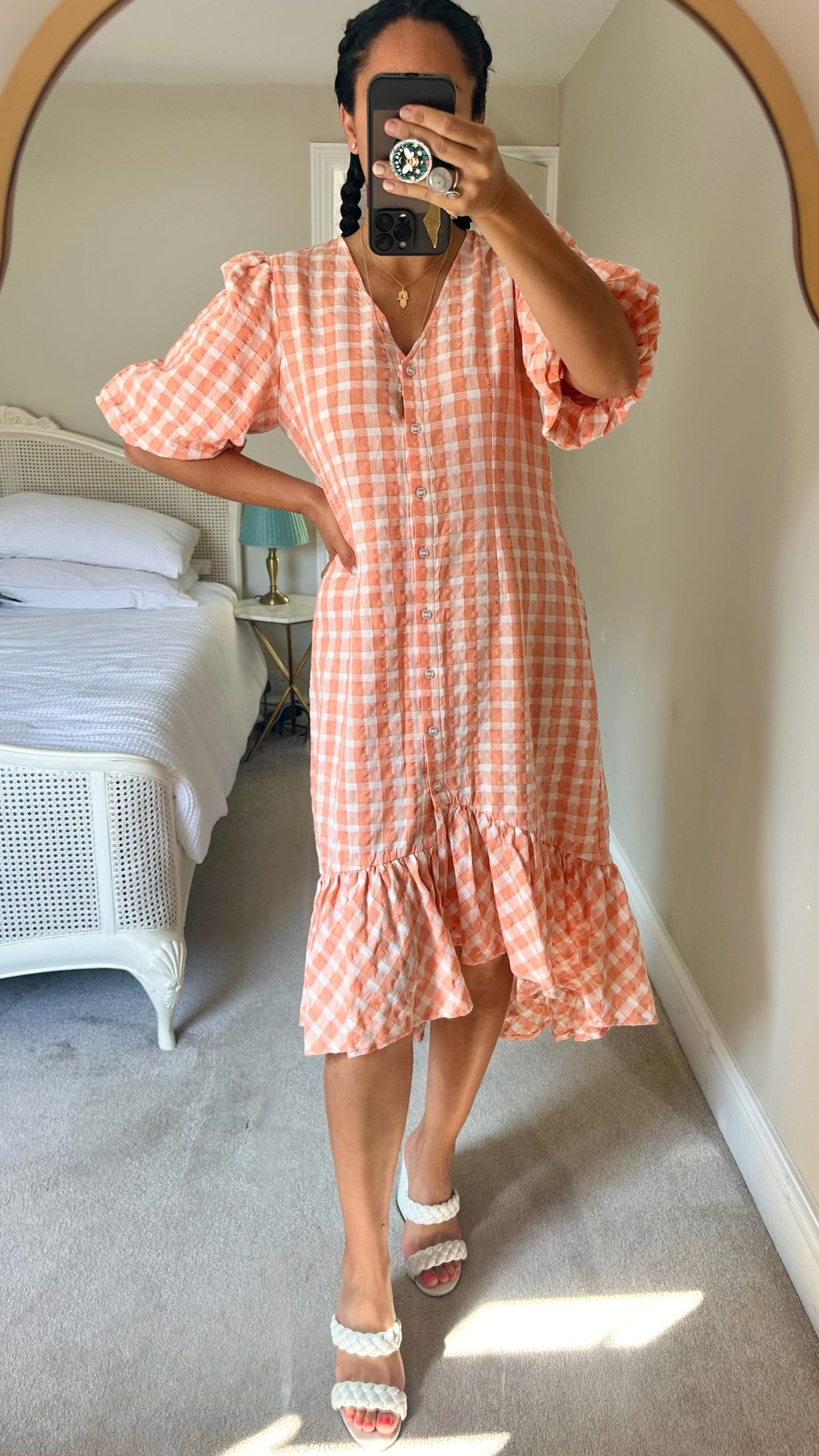 Palones @ net-a-porter orange coral gingham holiday dress large UK 12-14 vgc