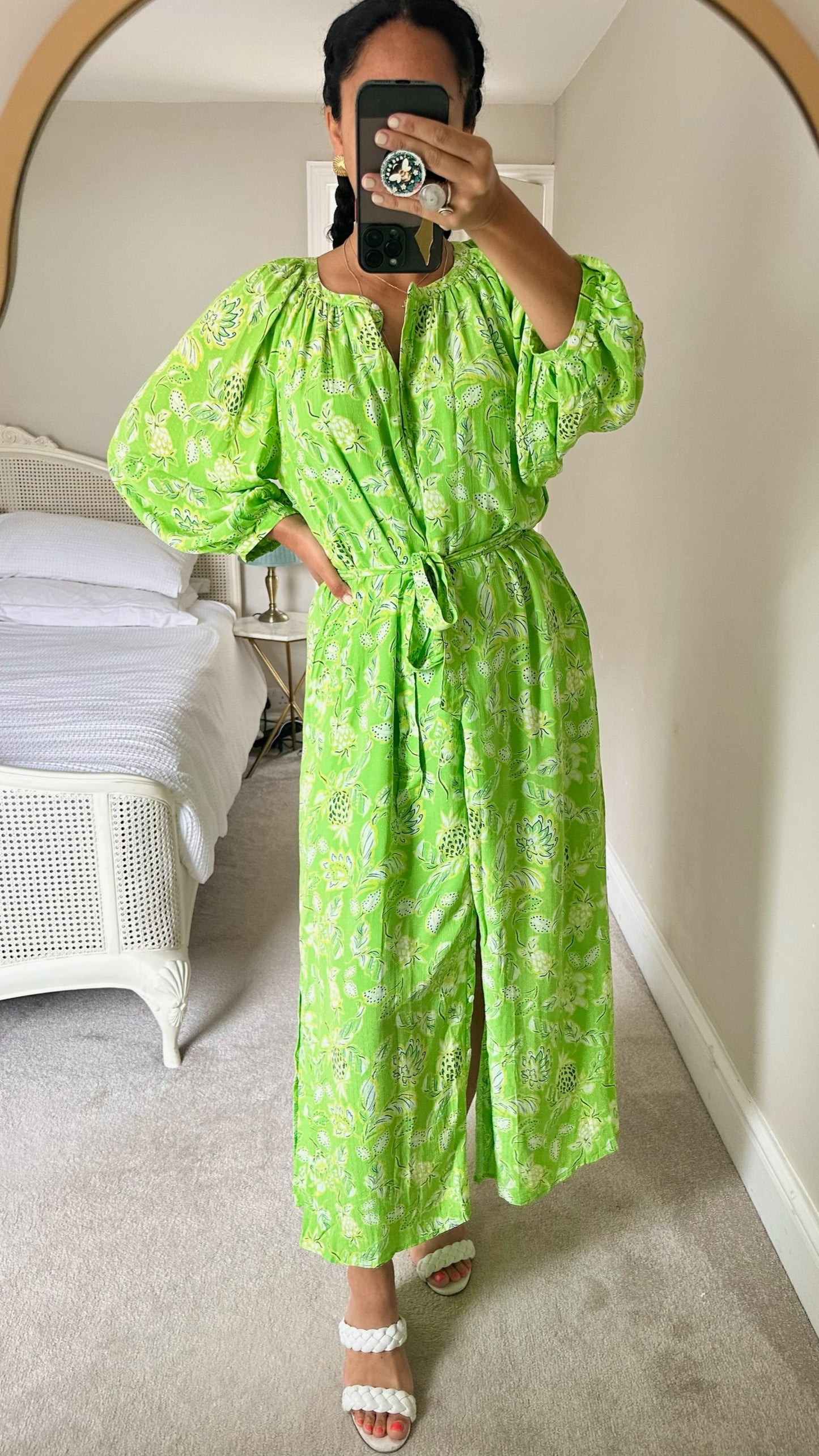 Oliver Bonas bright green boho maxi shirt dress large UK 12 vgc
