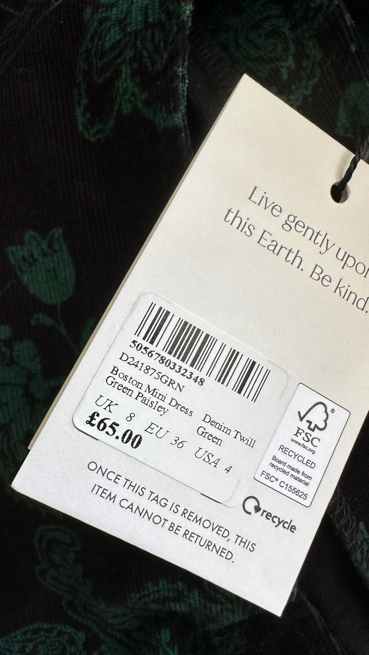 Nobody's child black green corduroy mini dress small UK 8 bnwt w25