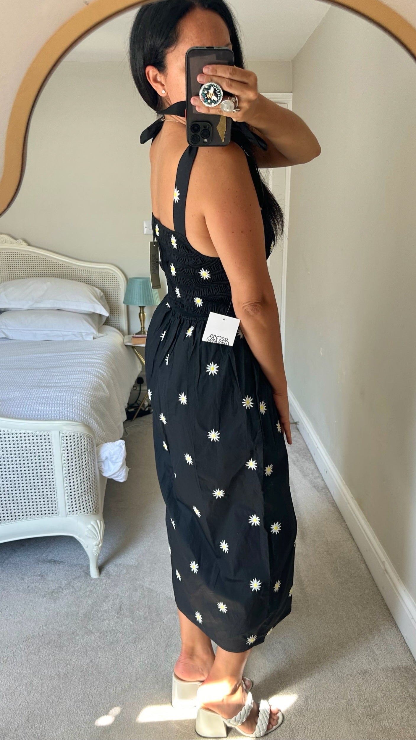 Never fully dressed black white daisy print shirt bust holiday maxi midi dress medium UK 10 new w25