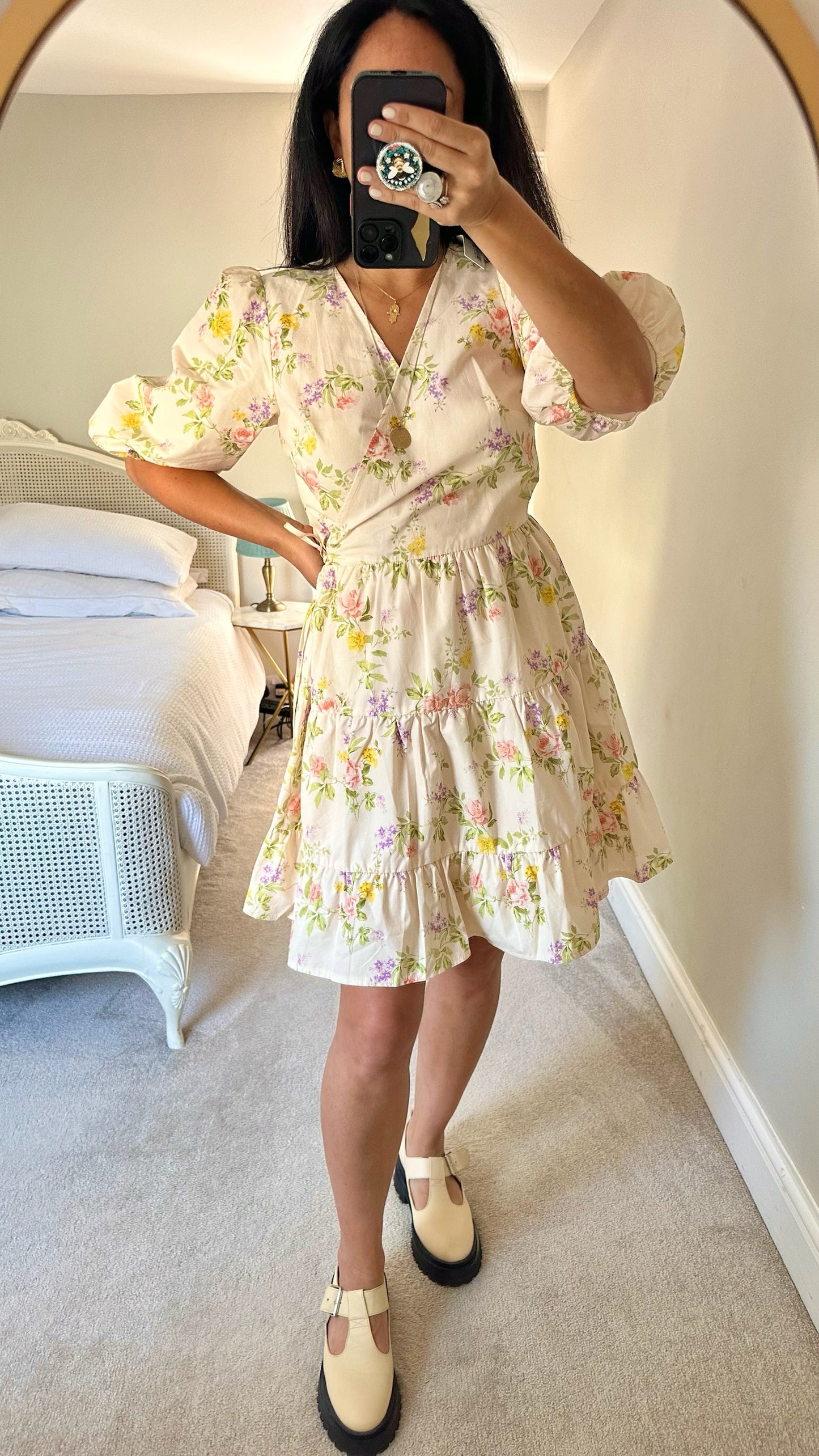 Nobody’s child cream romantics floral printed mini dress medium large UK 12-14 vgc