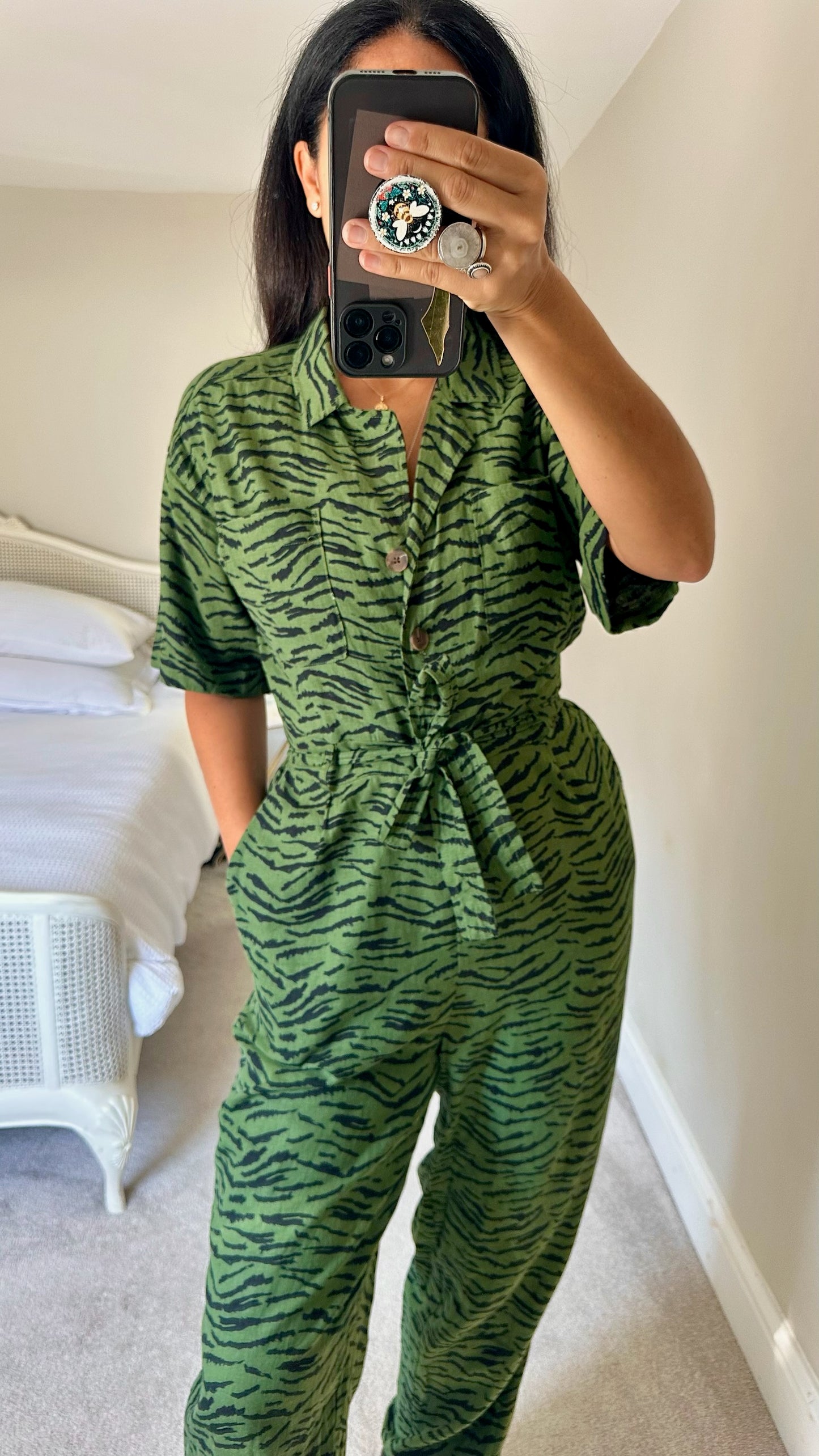 Oliver bonas olive khaki green animal print button up jumpsuit playsuit boiler suit medium UK 10 vgc w25