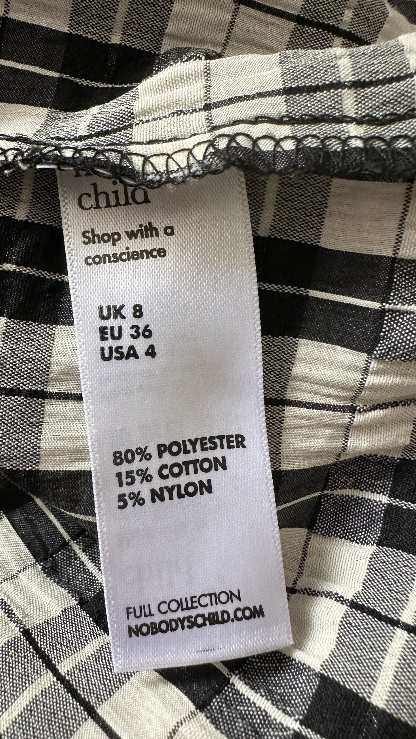 Nobody's child black beige cream check gingham mini dress small UK 8 vgc w25