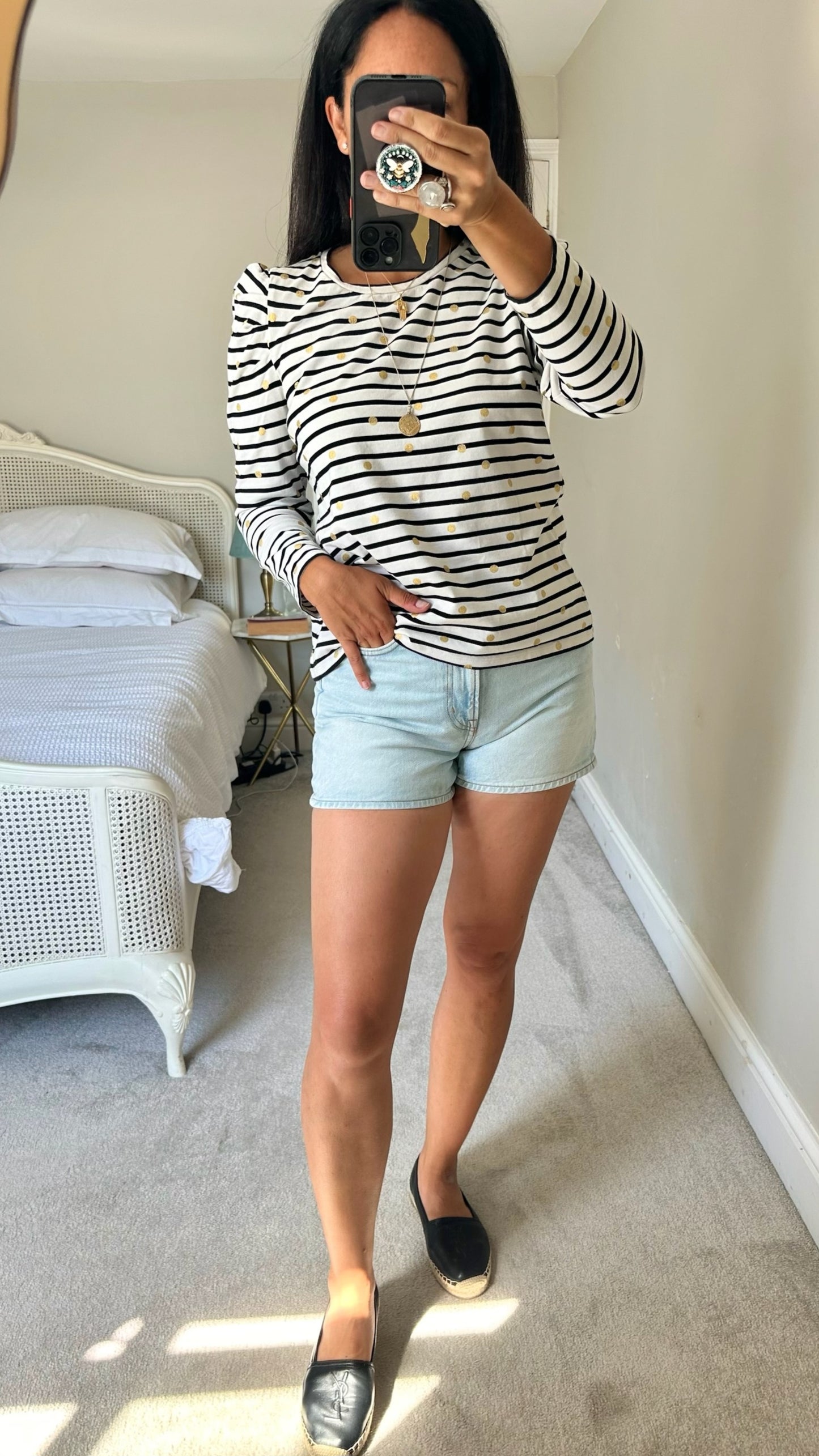 Boden black white polka dot gold stripe t-shirt top large UK 14-16 vgc w25