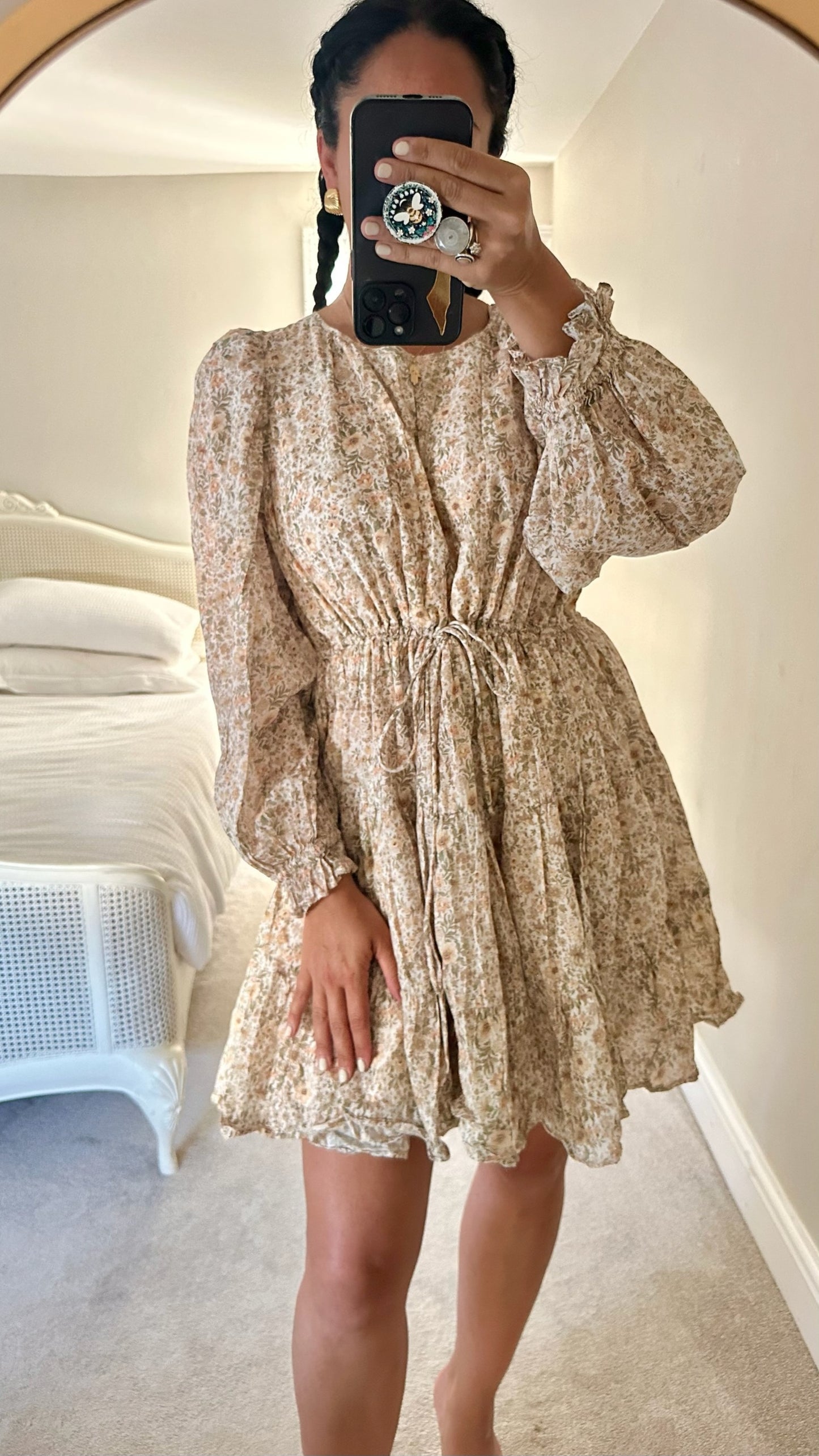 & other stories cream beige apricot floral mini dress extra large UK 14-16 vgc