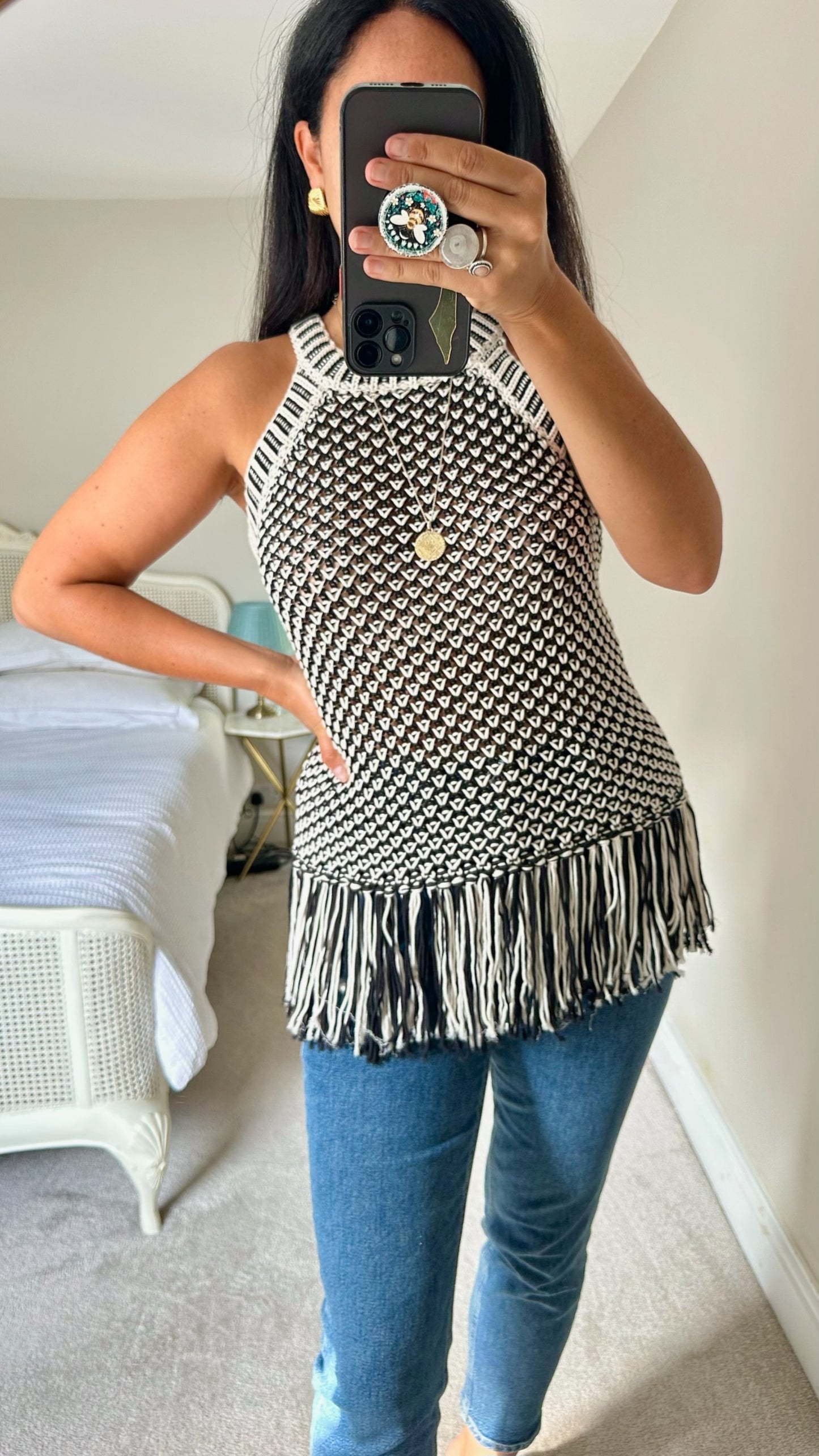 Whistles black white tassel crochet evening event top medium UK 10 vgc w25