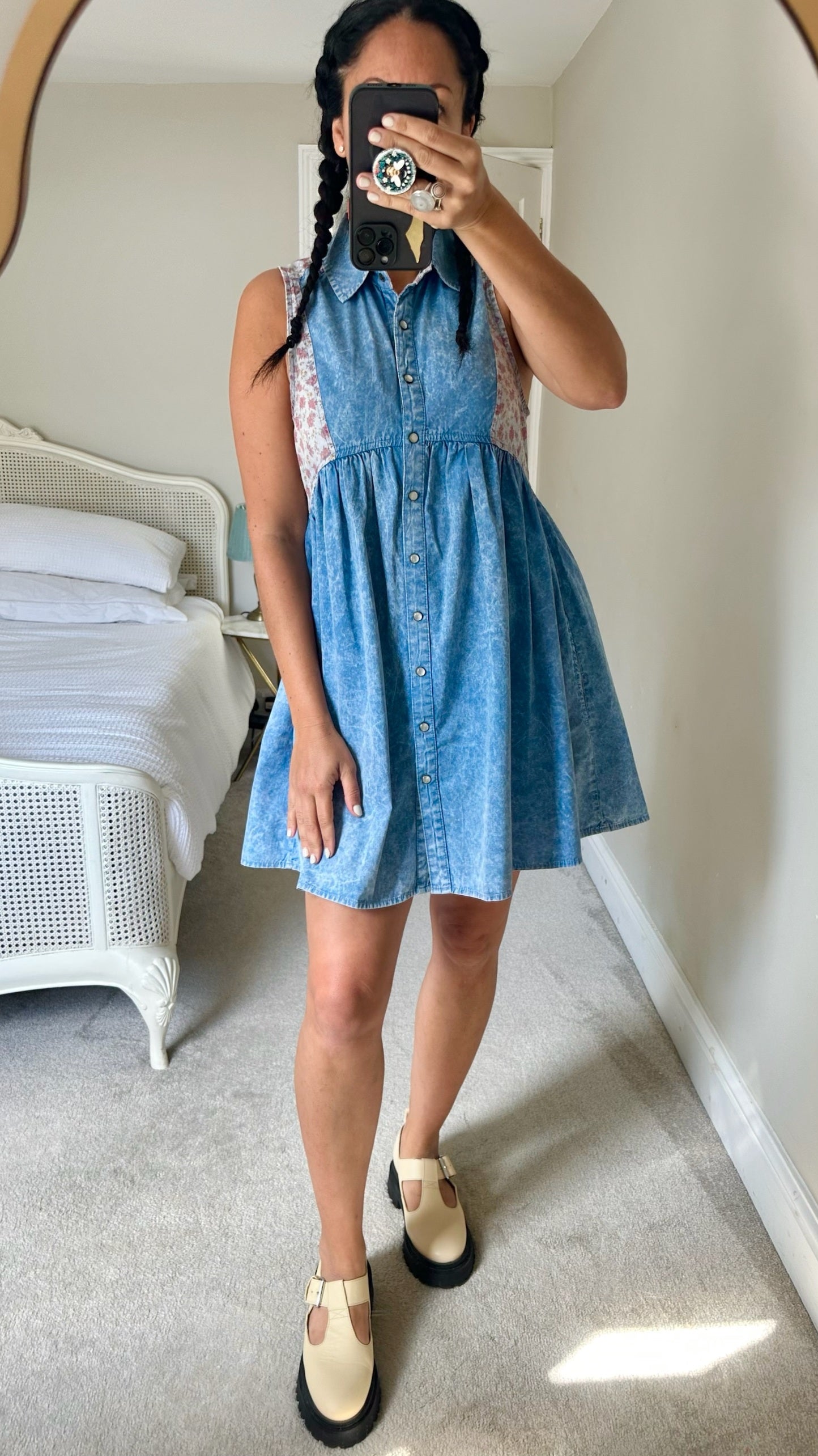 Topshop denim floral vintage print mini dress large UK 12 vgc