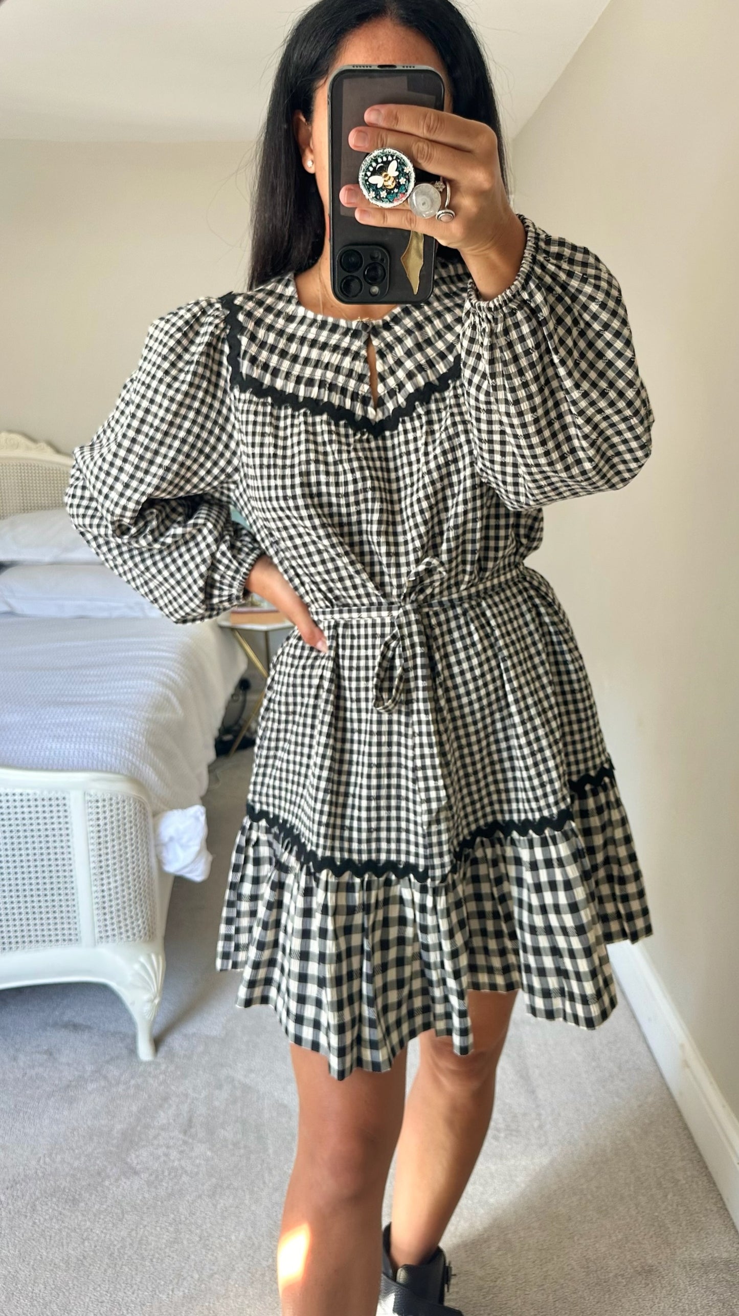 Oliver bonas black cream gingham check mini dress mini mediun UK 10 vgc w25