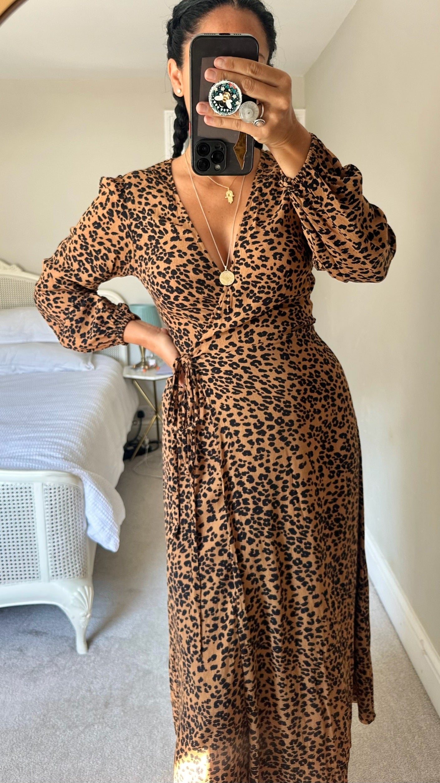 & other stories beige black leopard animal wrap midi dress small UK 8 vgc w25
