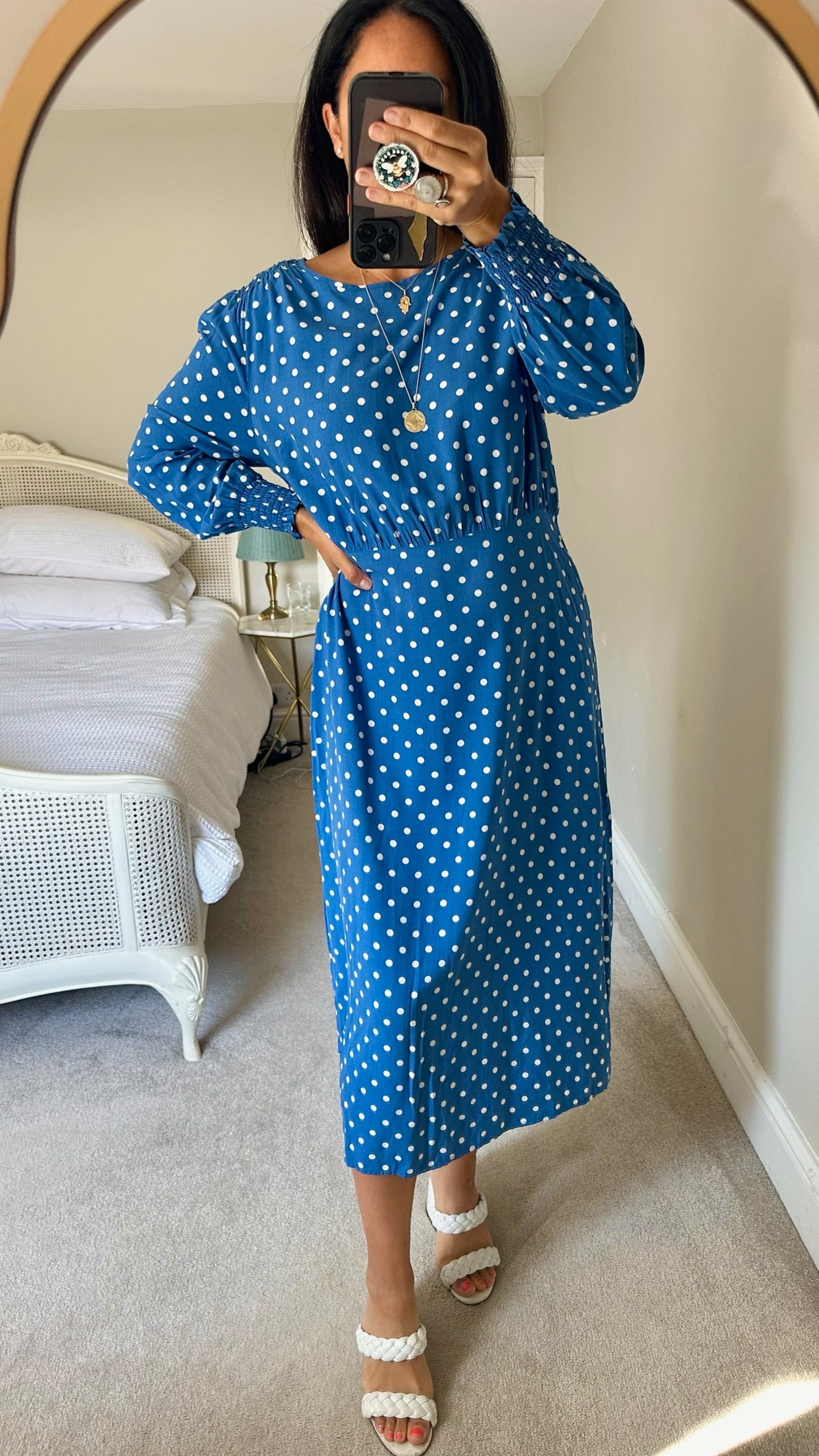Albaray bright blue white polka dot midi dress extra large UK 14 vgc w25