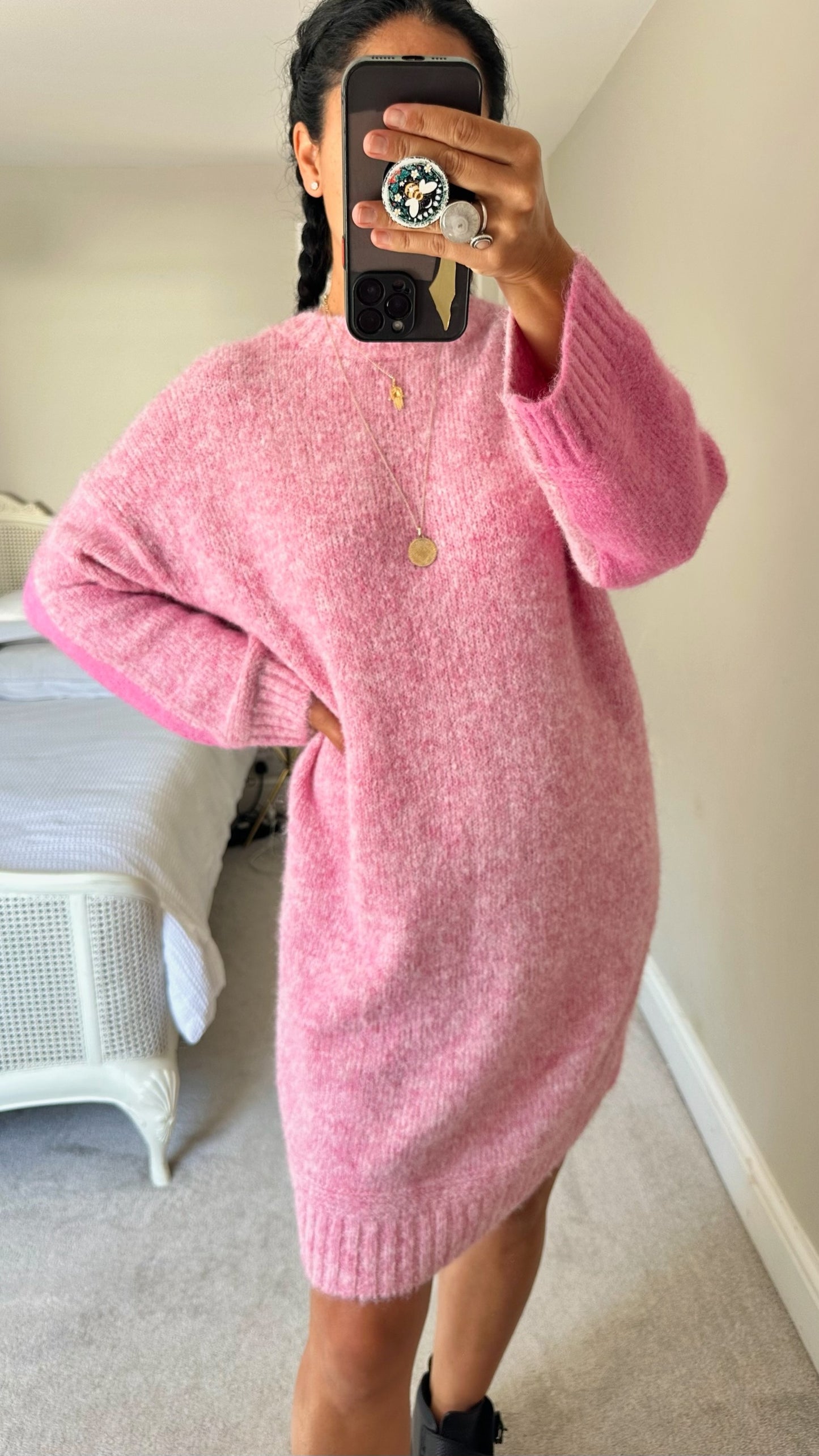 Oliver bonas soft pink rose knitted jumper dress wool blend large UK 12-14 vgc w25