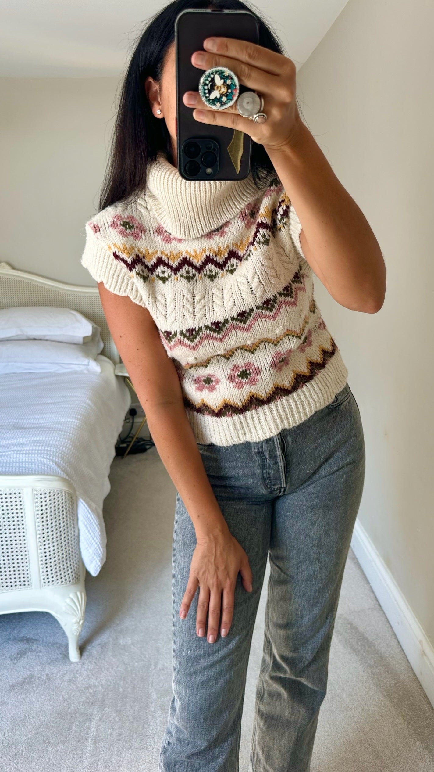 Mango fair isle vintage look roll neck tabard jumper top small UK 8-10 vgc w25