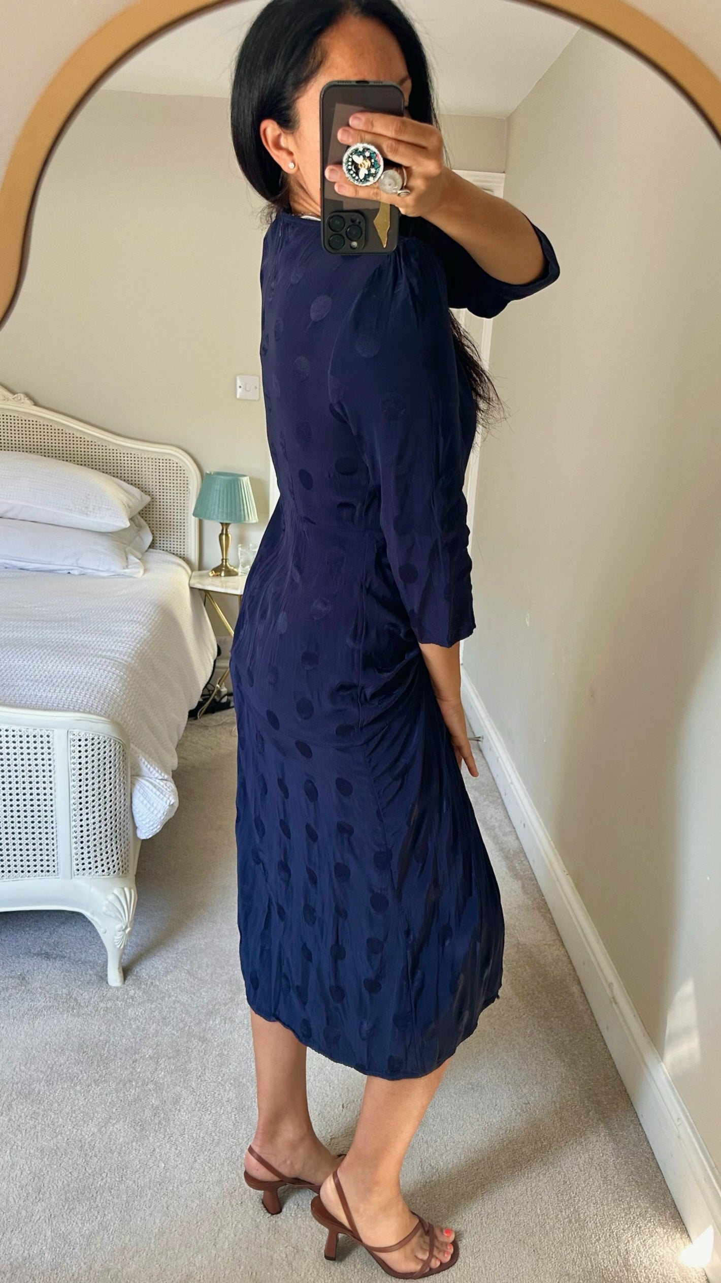 Oliver bonas navy blue polka dot midi maxi dress with side split extra large UK 14 vgc w25