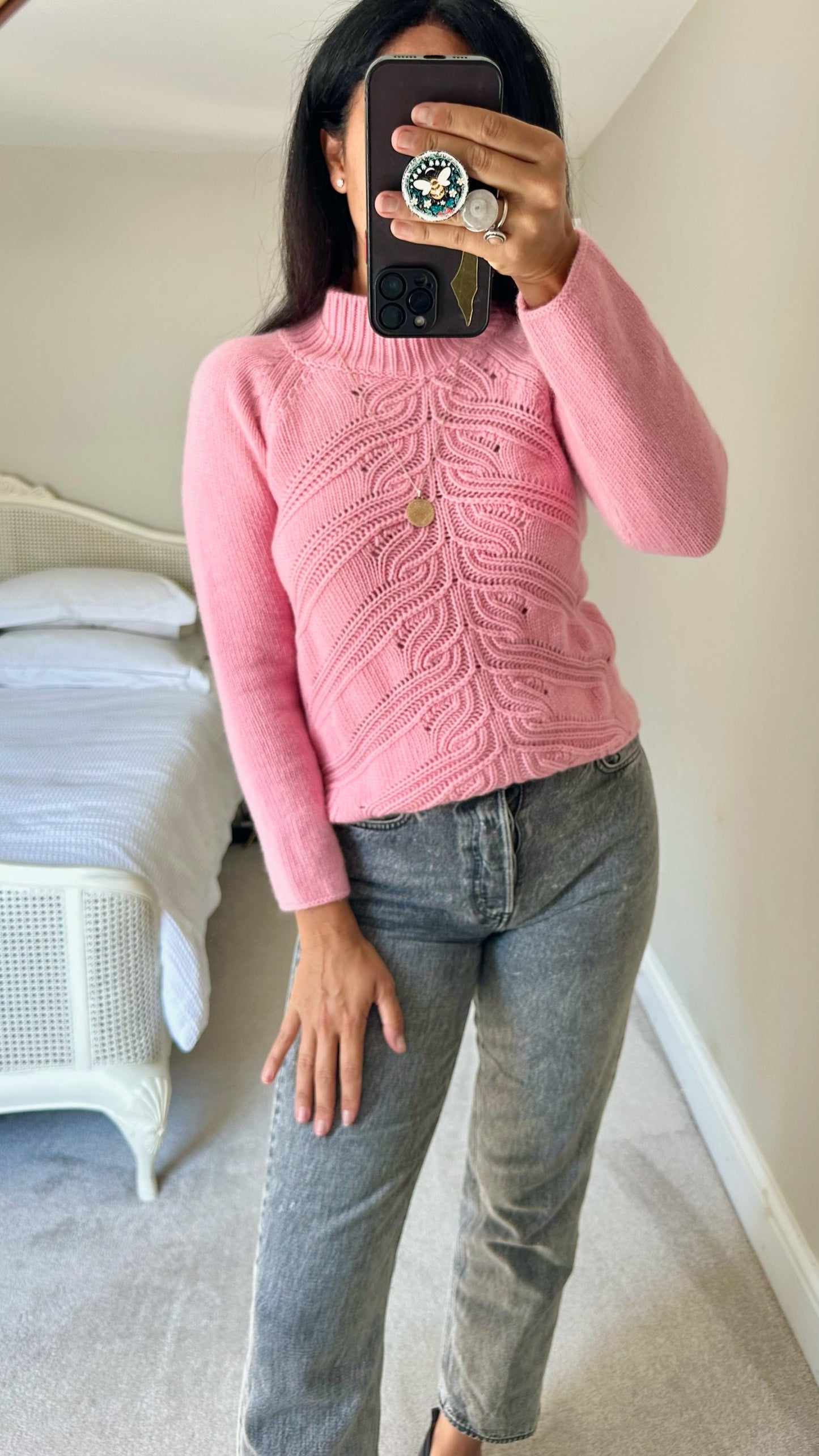 United colors of benetton candy pink high wool angora blend knitted crochet jumper medium UK 10 vgc w25