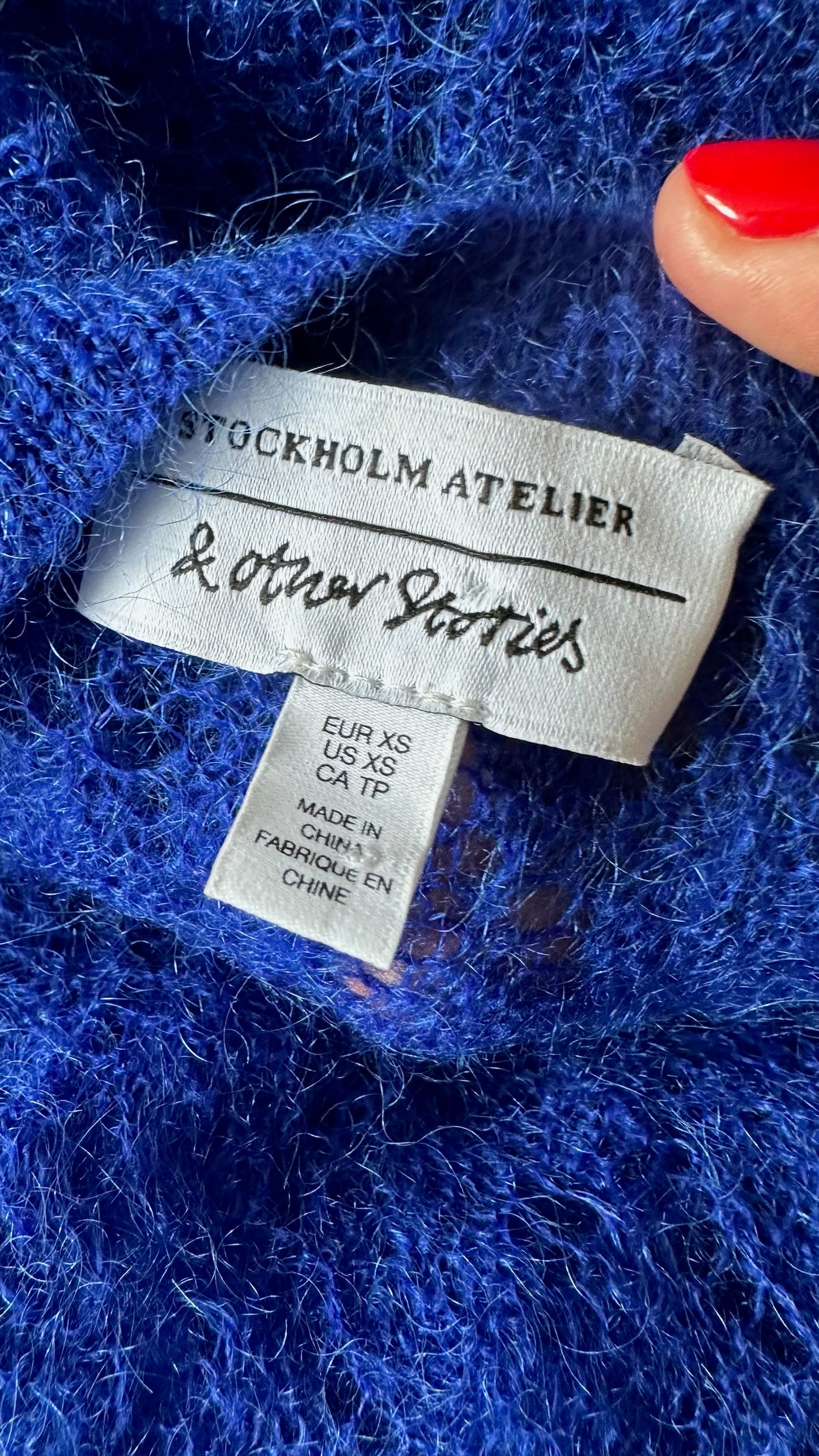 & other stories cobalt kingfisher blue crochet knitted mohair blend long line jumper extra small UK 6-8 vgc w25