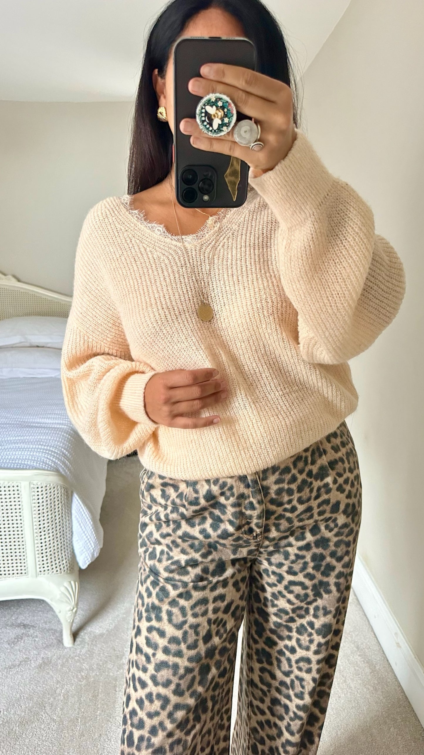Mango mohair wool blend peach rose lace knitted jumper large UK 12 vgc w25