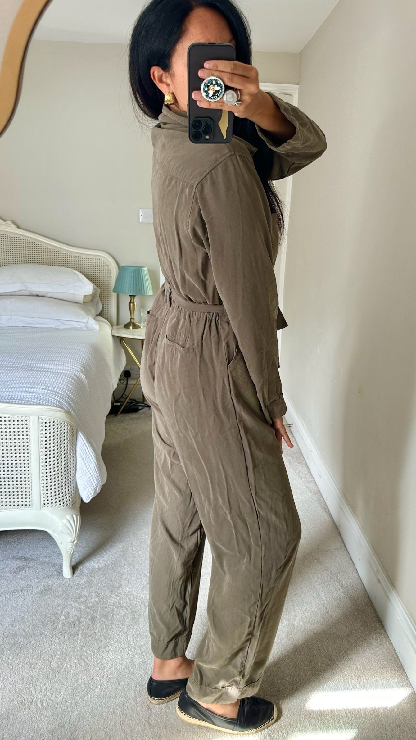 Seen Worn Kept @ Anthropologie khaki olive green zip up jumpsuit boiler suit large UK 12 vgc w25