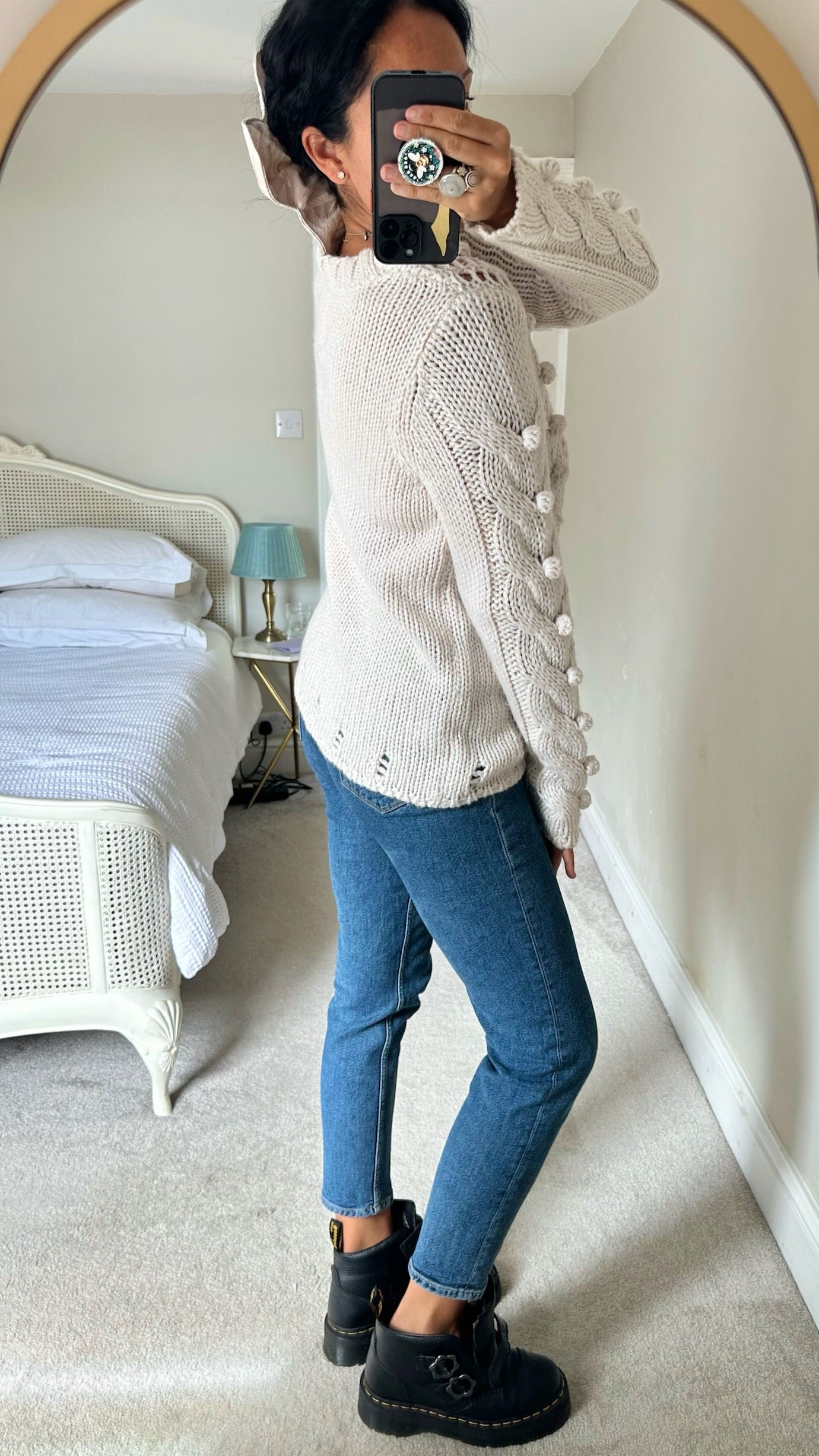 Farmer heritage white cream wool blend knitted bobble front jumper large UK 12 vgc w25