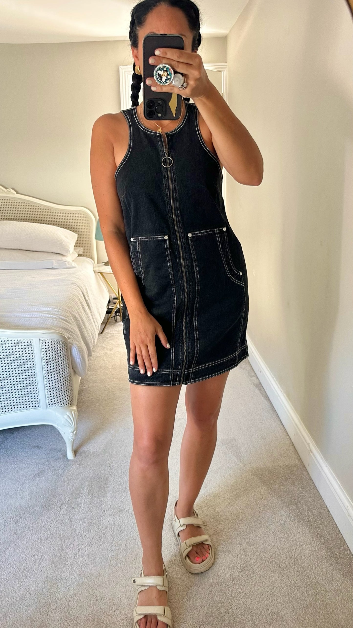 Pilcro @ Anthropologie black denim zip front mini dress medium UK 10 vgc
