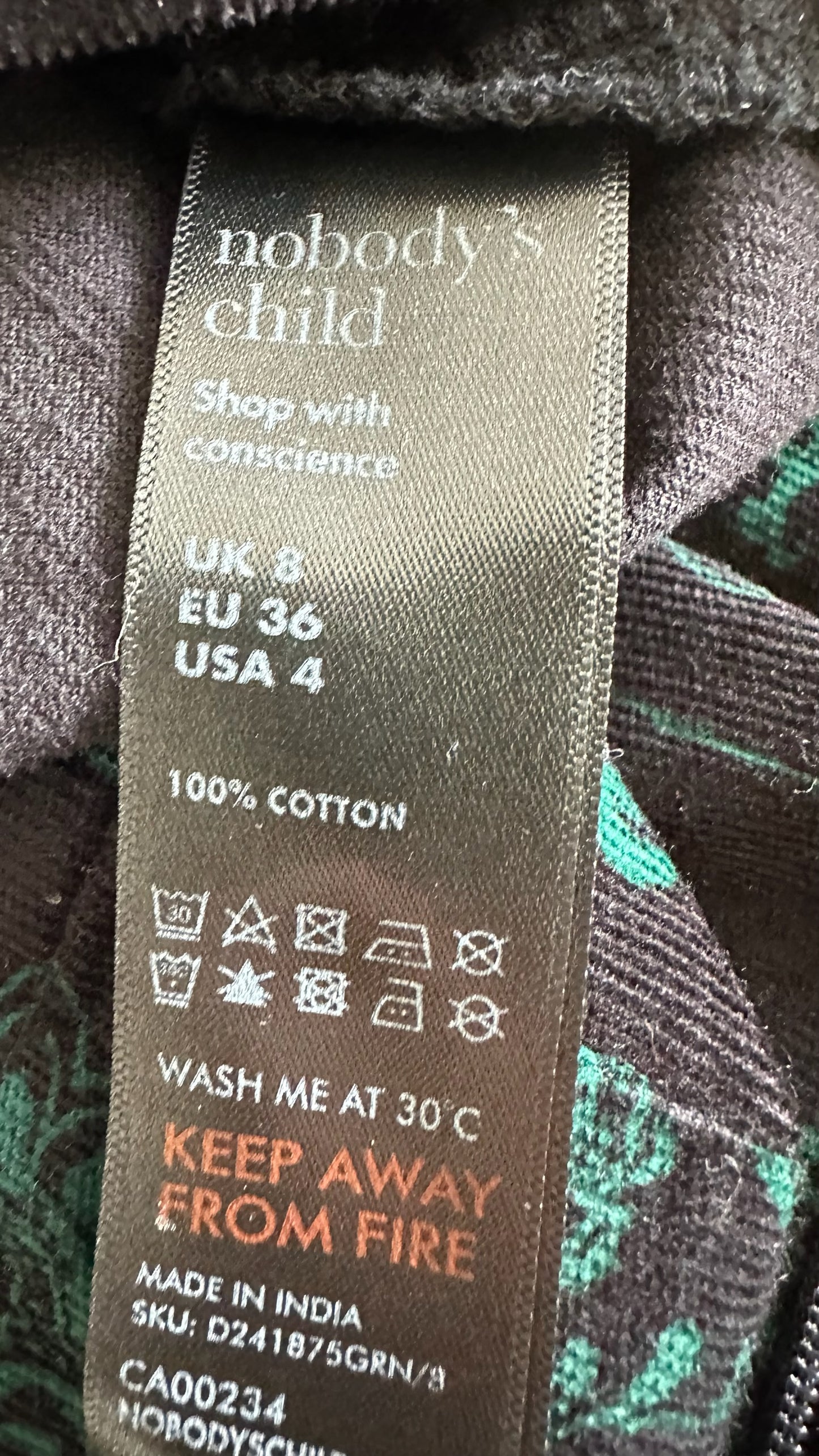 Nobody's child black green corduroy mini dress small UK 8 bnwt w25