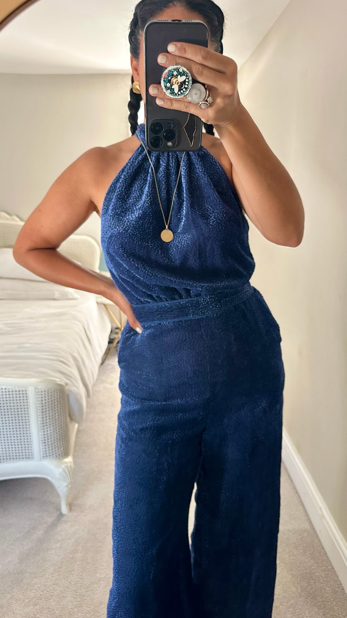 Elevenses royal velvet blue polka dot halter neck backless event jumpsuit medium UK 10 vgc
