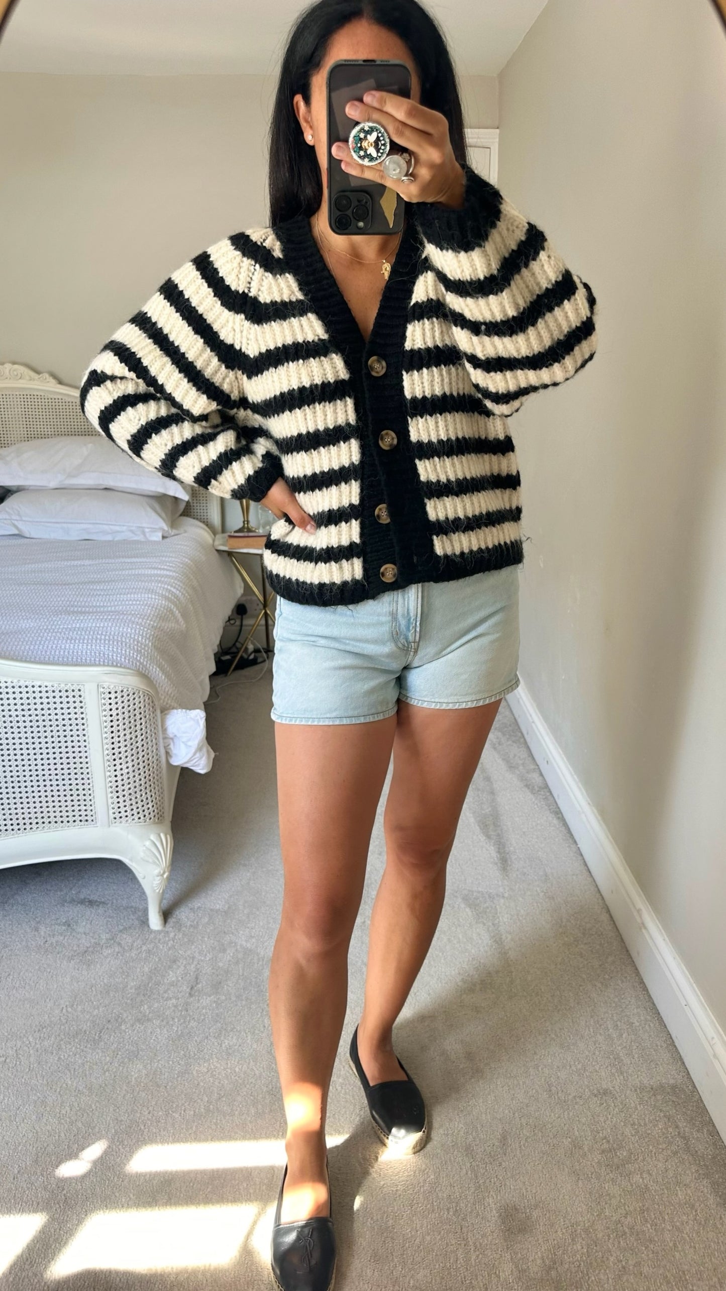 Zara cream black knitted jumper cardigan stripe wool blend small UK 8-10 vgc w25