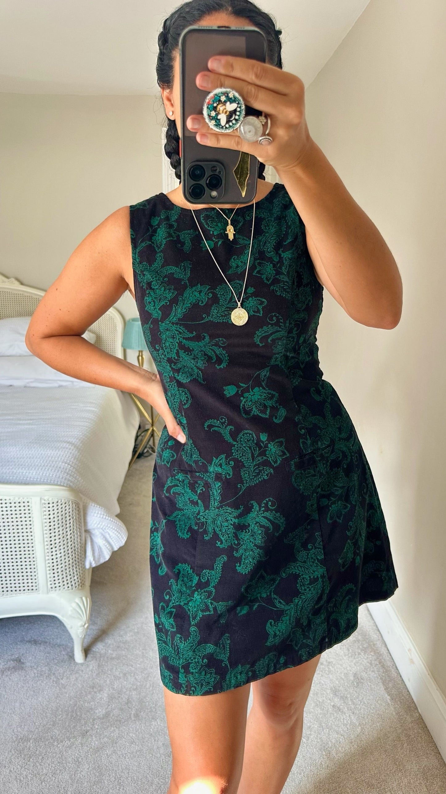 Nobody's child black green corduroy mini dress small UK 8 bnwt w25