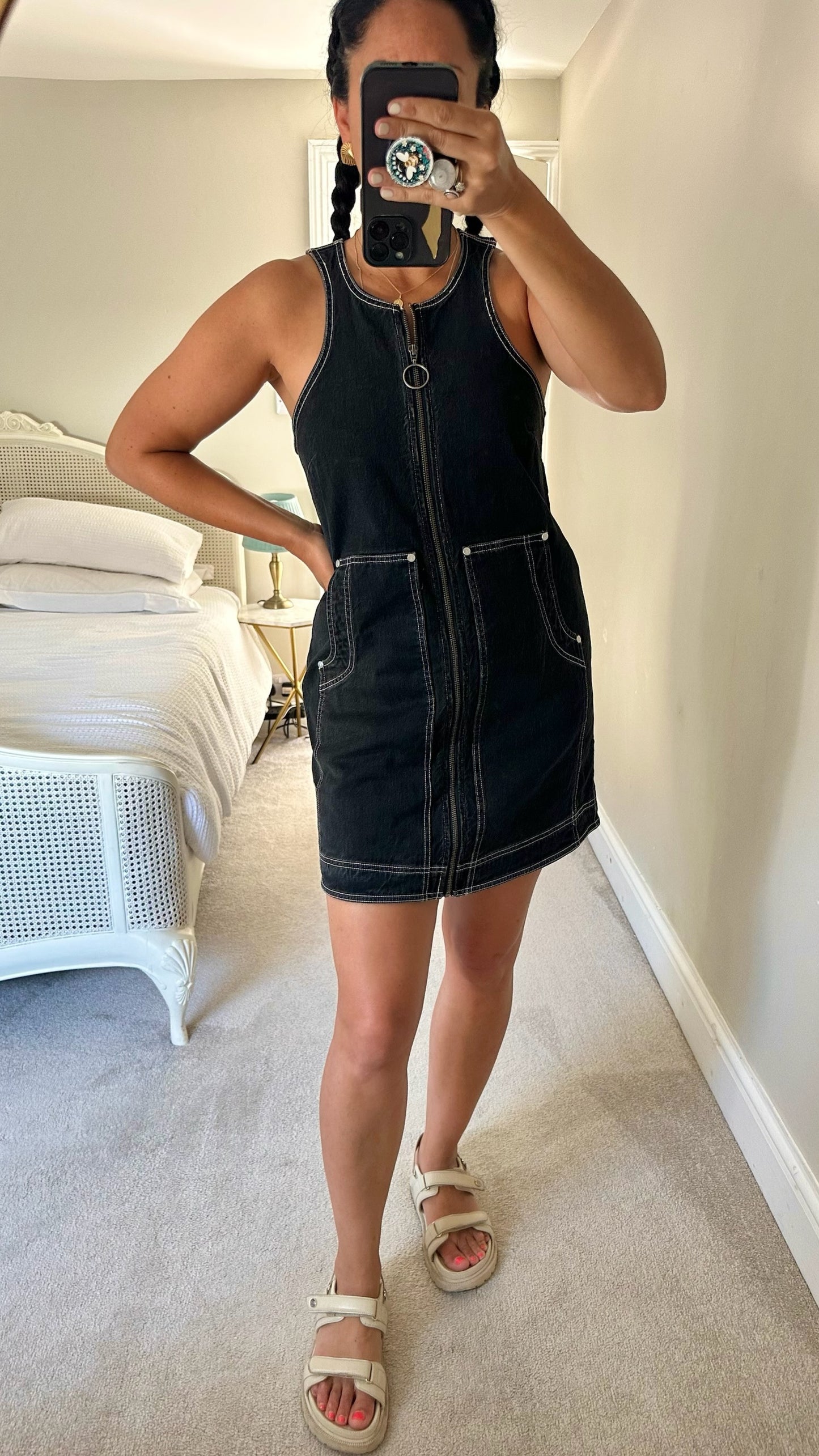 Pilcro @ Anthropologie black denim zip front mini dress medium UK 10 vgc