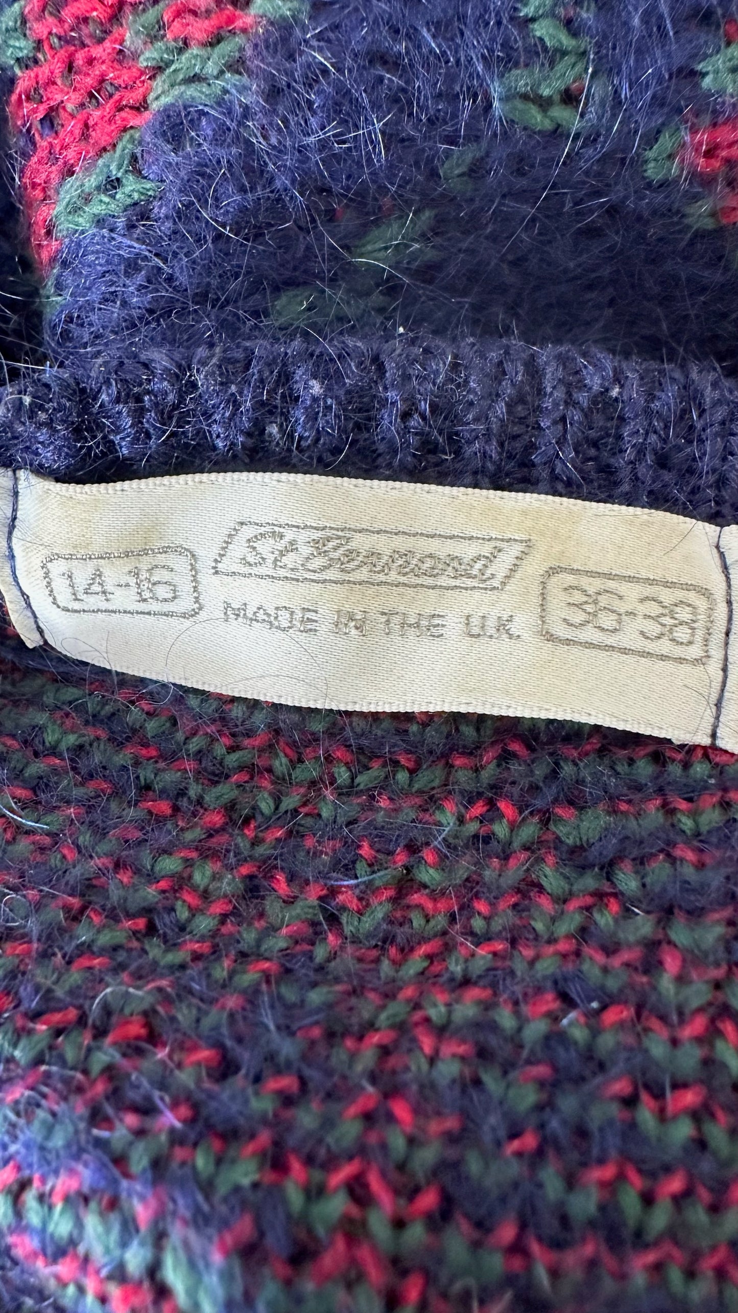 M&S st michael's vintage mohair blend navy blue red cardigan jumper large UK 12-14 vgc w25