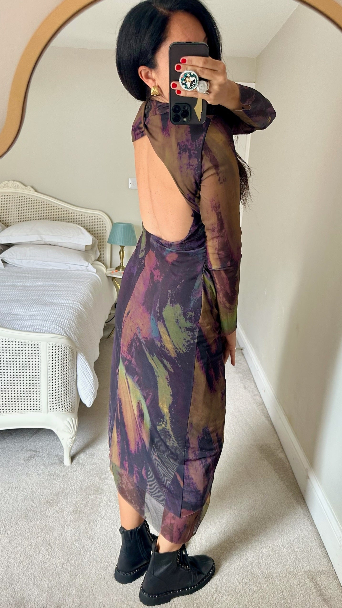 Zara purple khaki acid wash mesh event dress backless large UK 12 vgc w25