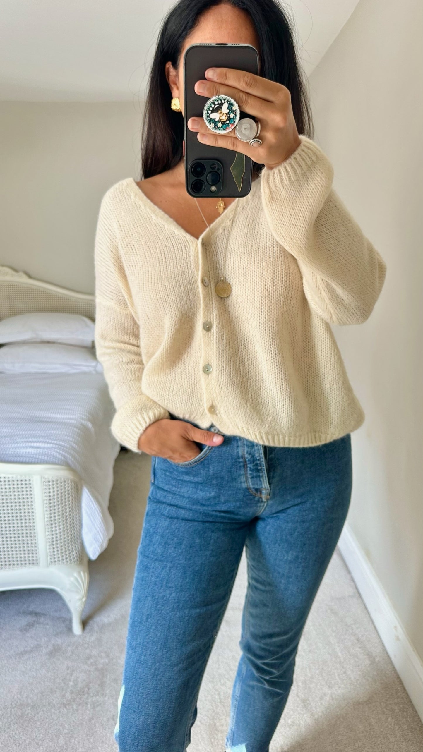 Colette french cream knitted mohair alpaca wool blend cardigan jumper large UK 12 vgc w25