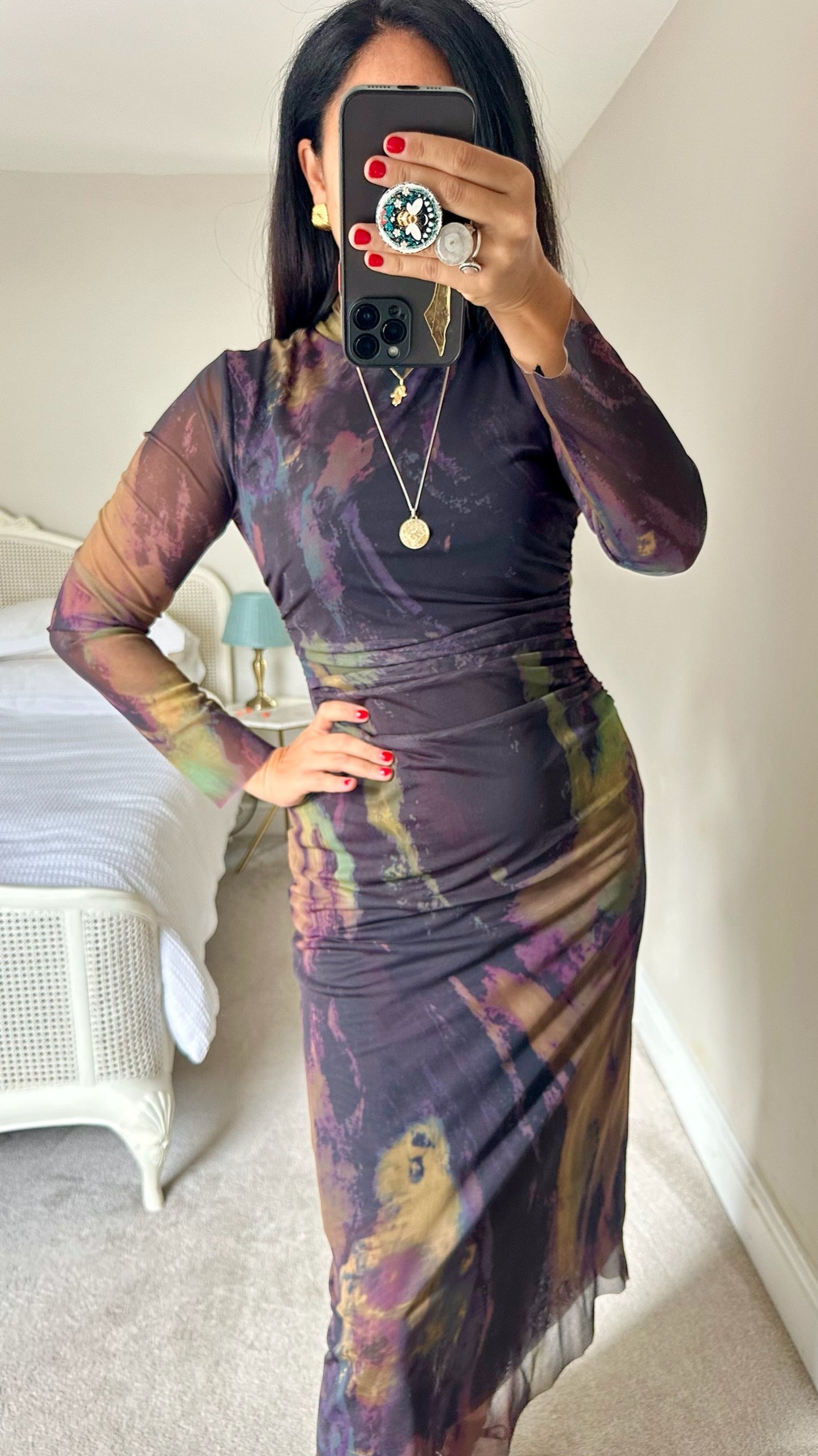 Zara purple khaki acid wash mesh event dress backless large UK 12 vgc w25
