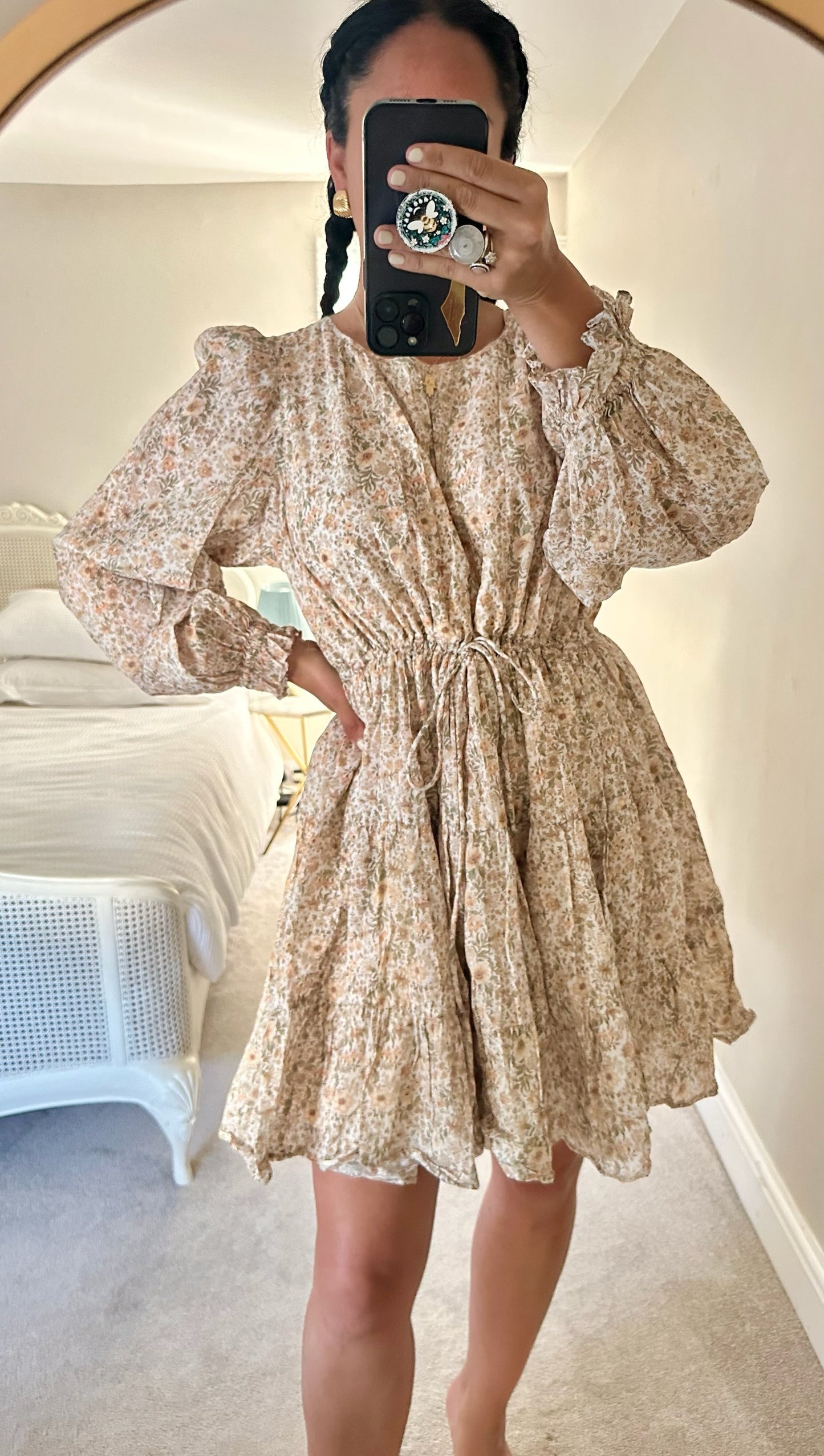 & other stories cream beige apricot floral mini dress extra large UK 14-16 vgc