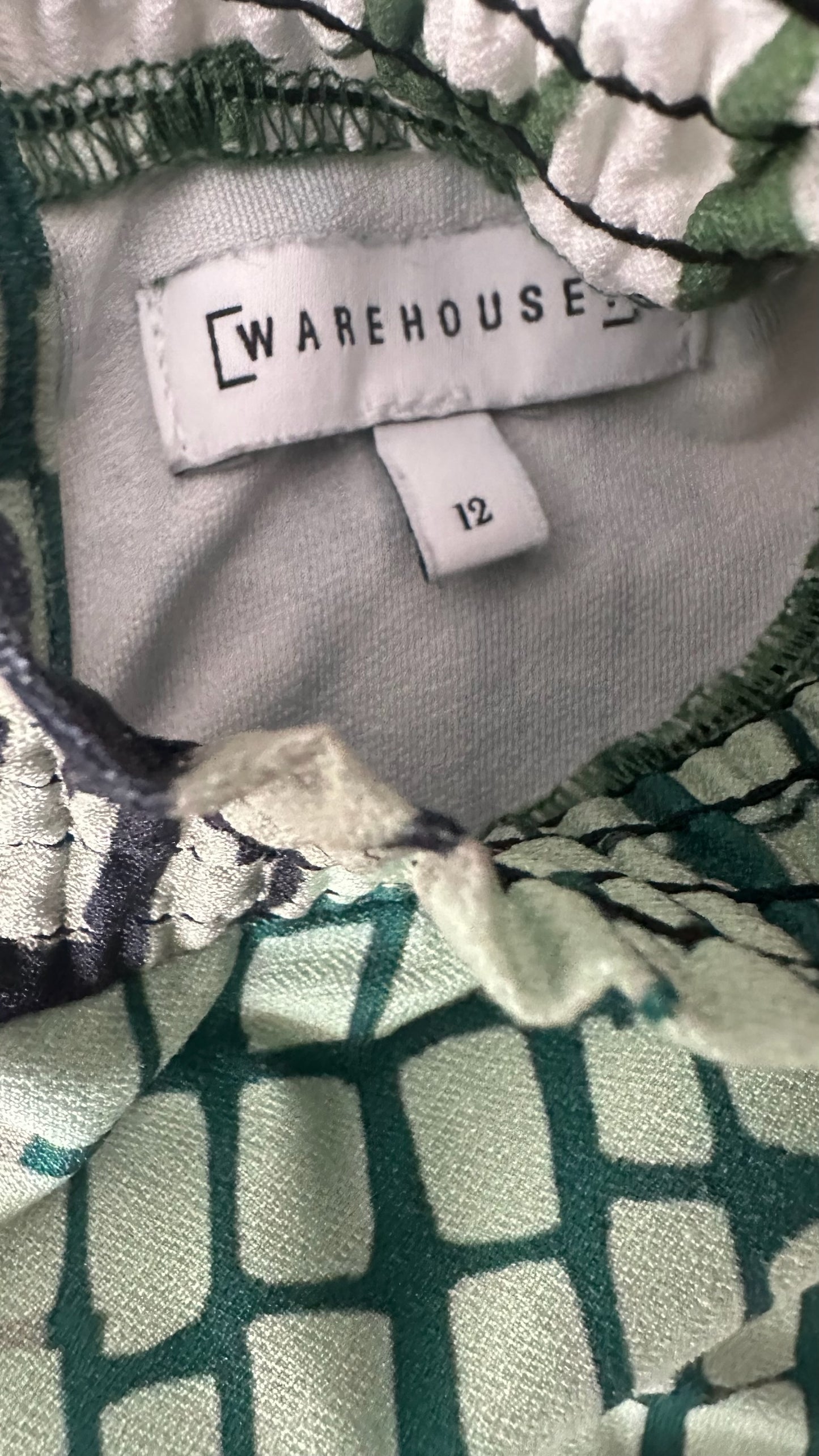 Warehouse green white blue abstract midi dress large UK 12 vgc w25