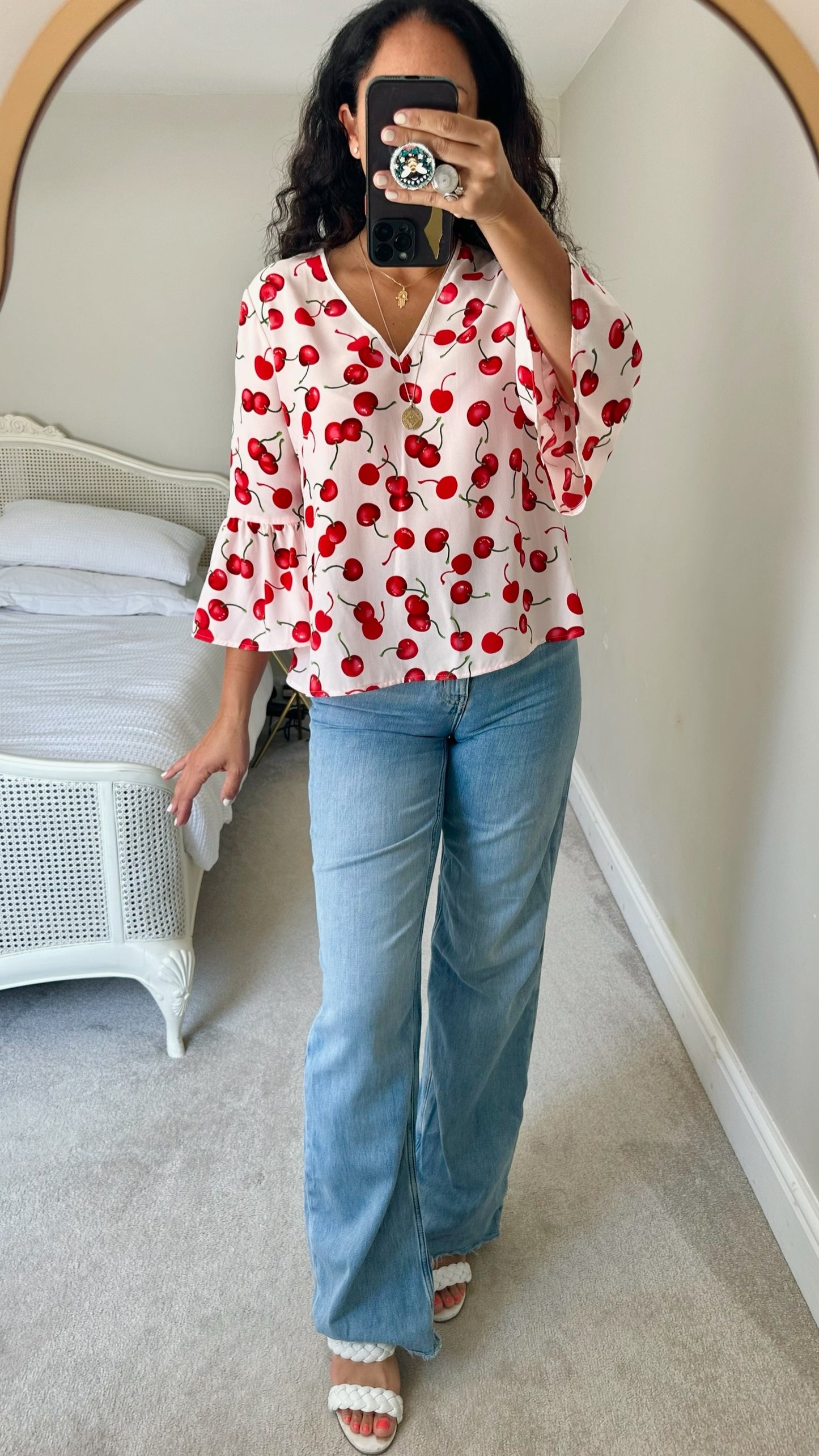 Essentiel Antwerp pink red cherry print fruit top small UK 8 vgc