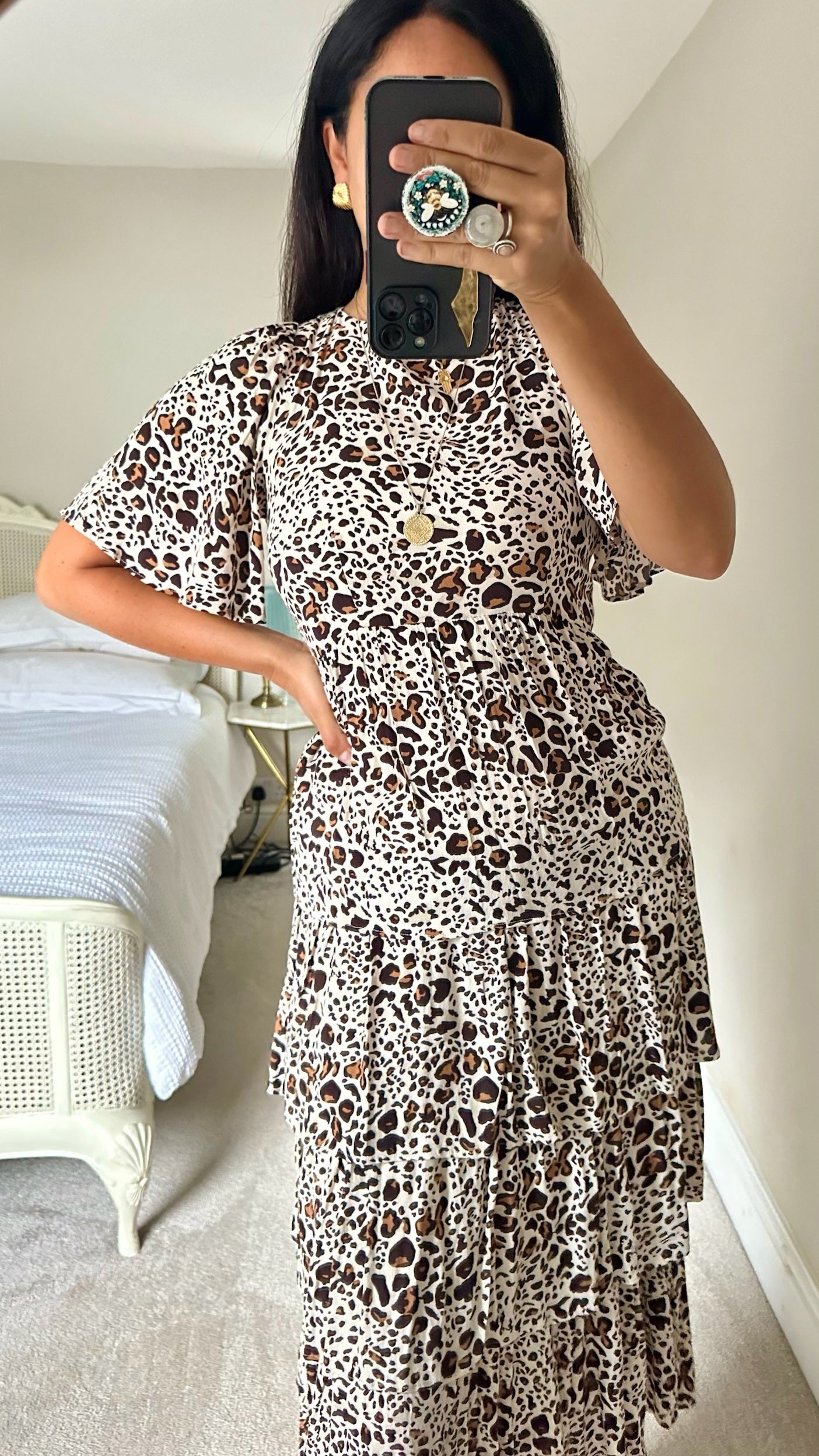 Oliver bonas white black brown animal leopard tiered midi dress small UK 8 vgc w25