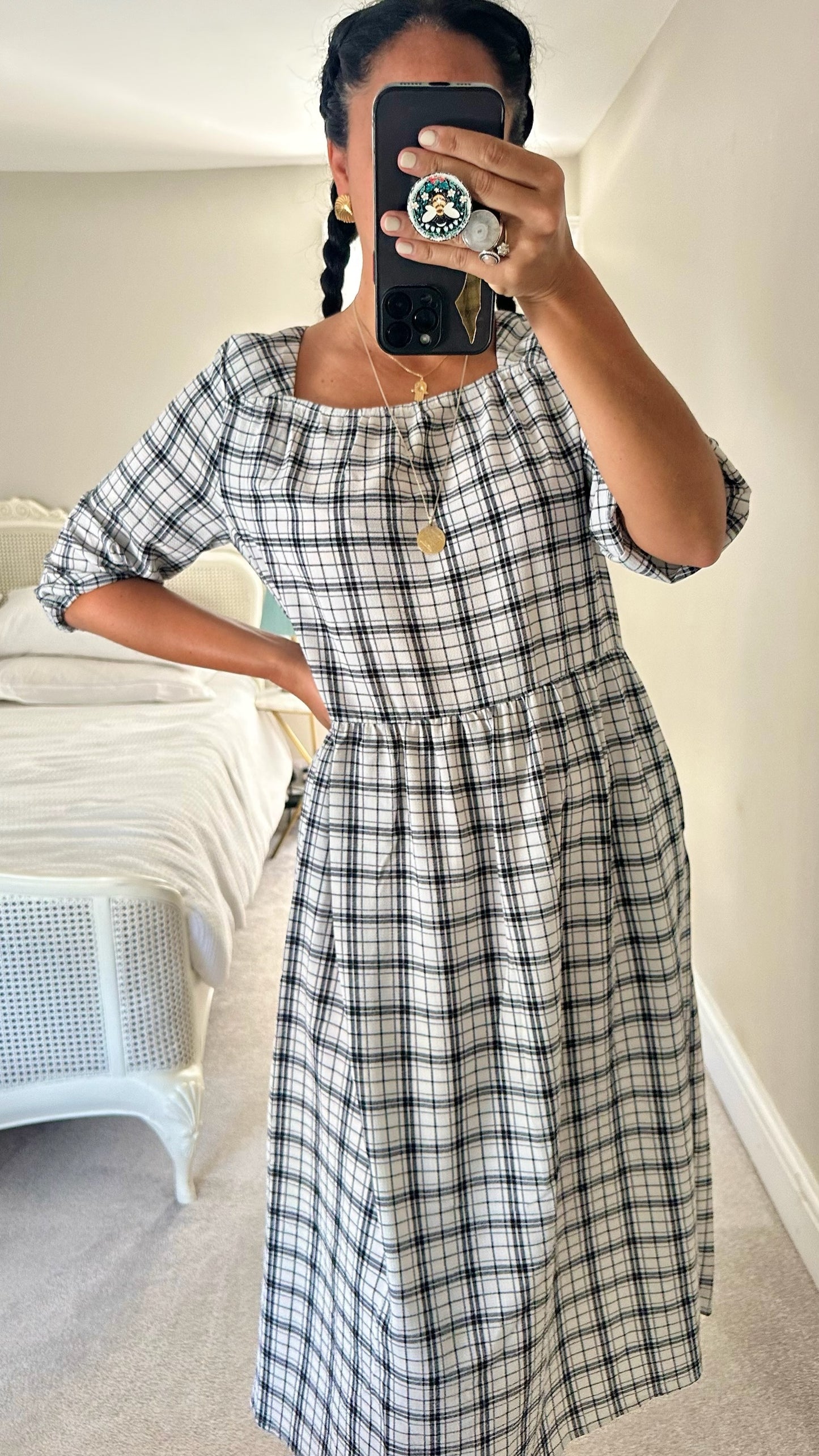 Nobody’s child white black check gingham midi dress large UK 12 vgc
